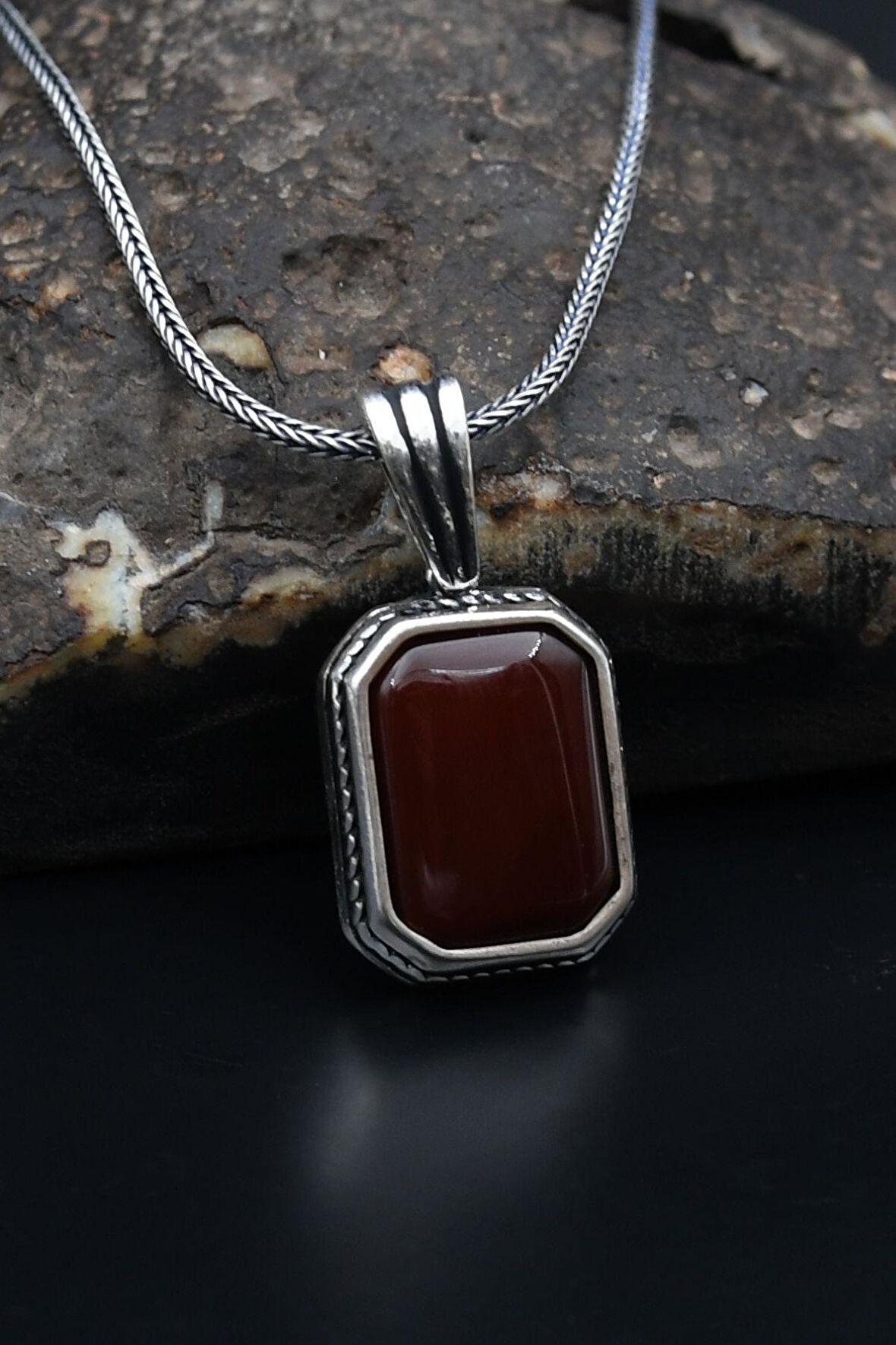 Akik Taşlı 925 Ayar Gümüş Kolye Zincir 901163