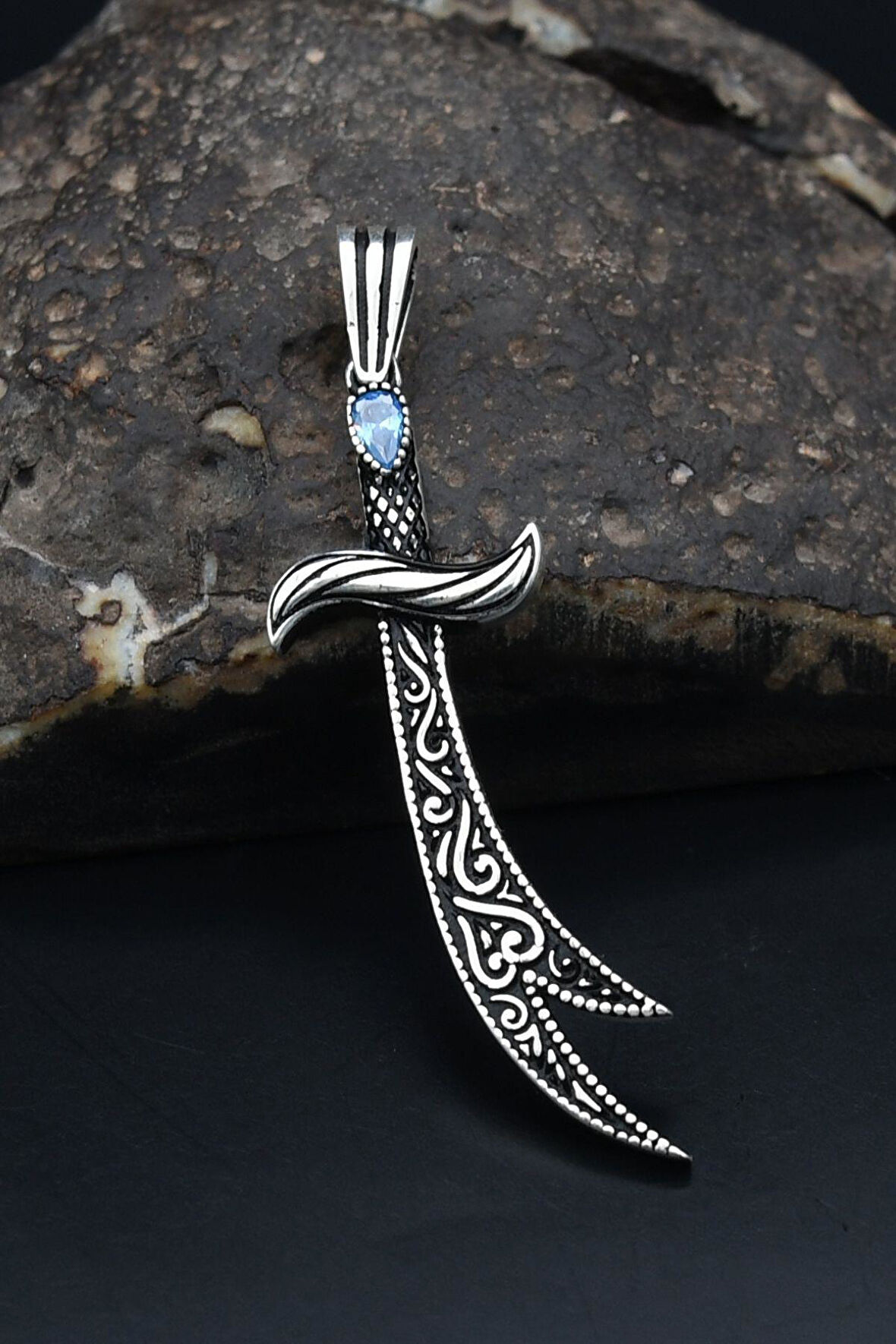 Kolye Ucu Hz. Ali ( Zülfikar Kılıcı ) Aquamarine Taşlı 925 Ayar Gümüş 901208