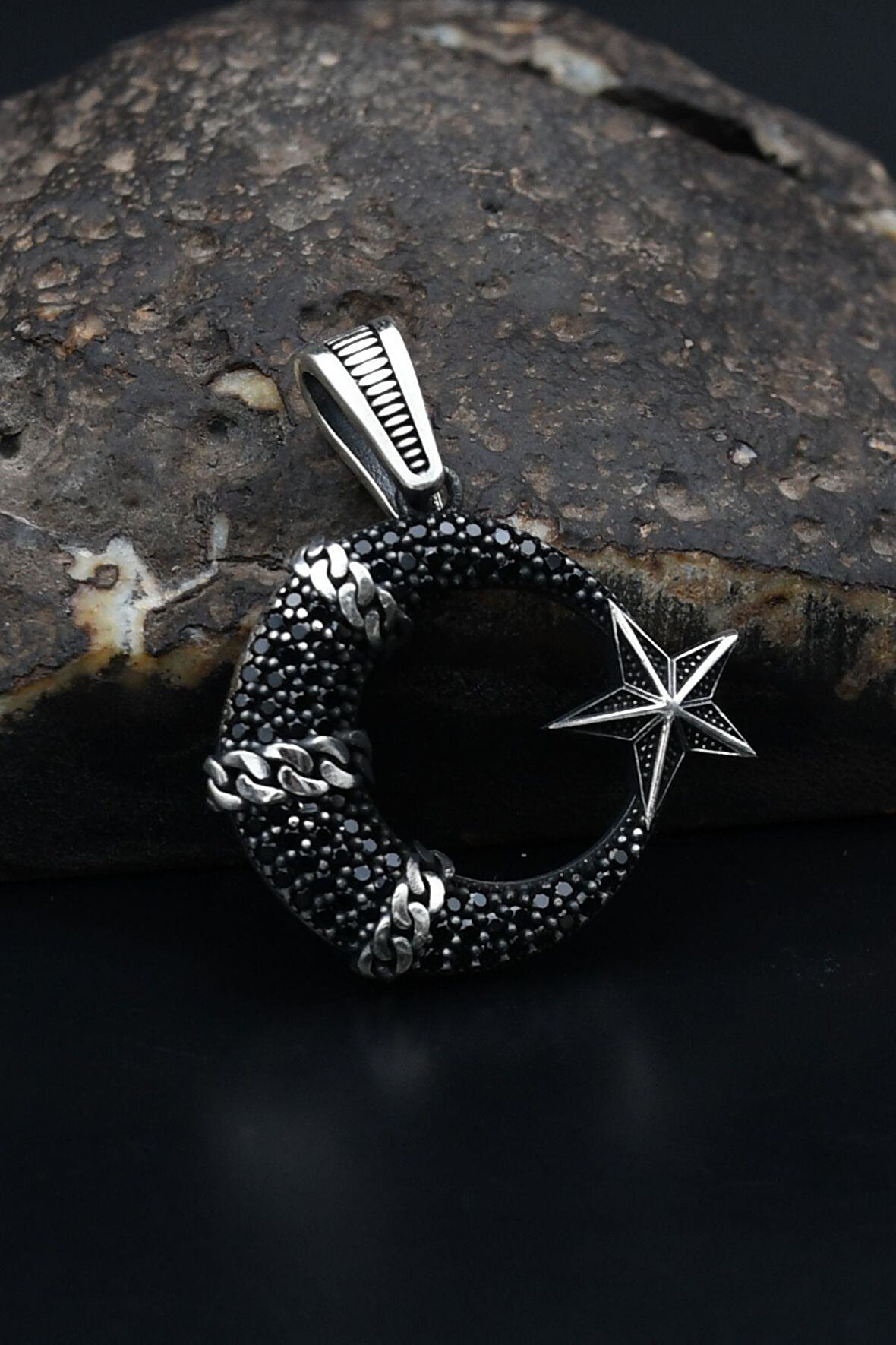 Siyah Zirkon taş Süslemeli Kolye Ucu Ay Yıldızlı ( AYYILDIZLI ) 925 Ayar Gümüş 901209