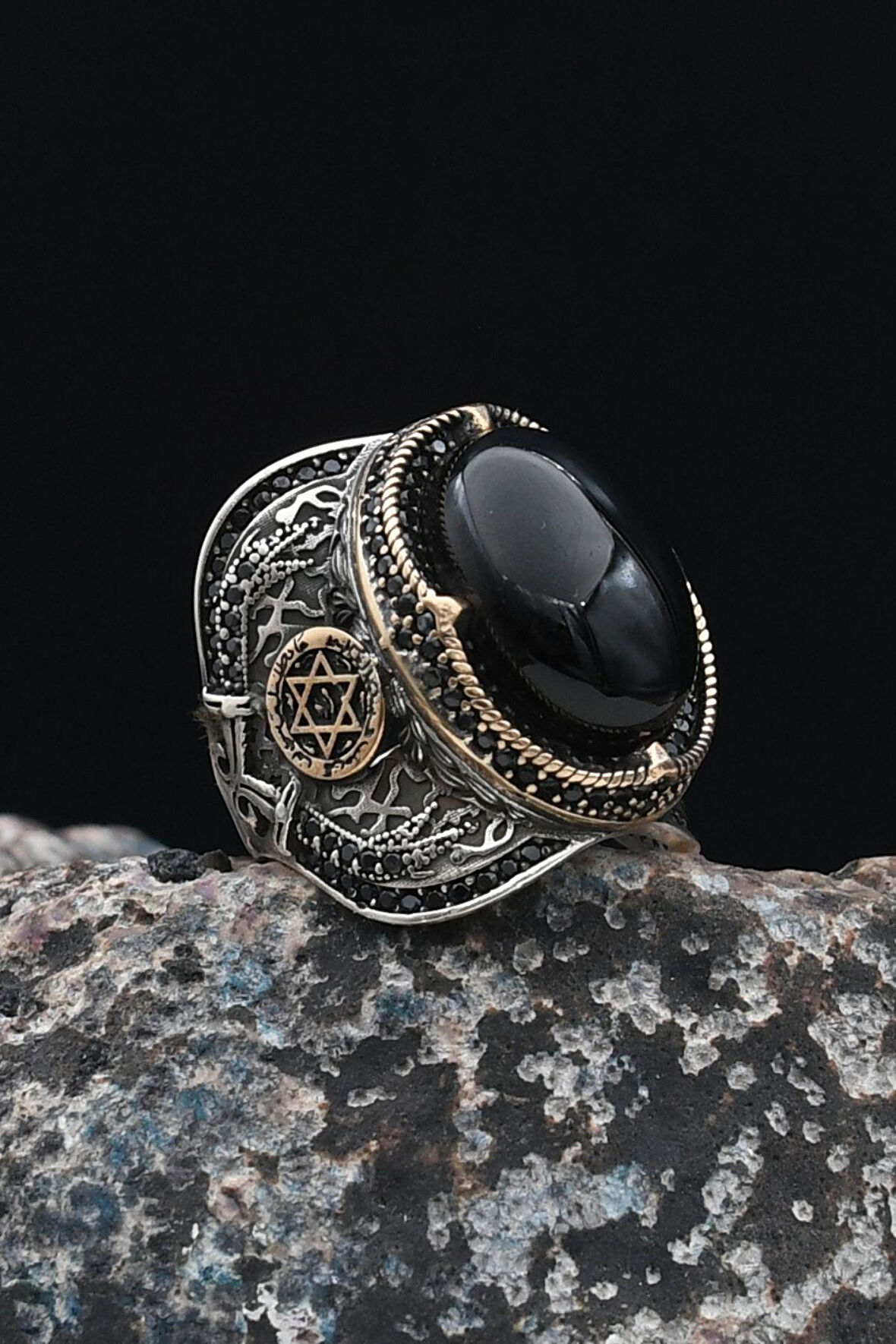 Oniks Taşlı Hz. Süleyman Mührü 925 Ayar Gümüş Erkek Yüzüğü 901237