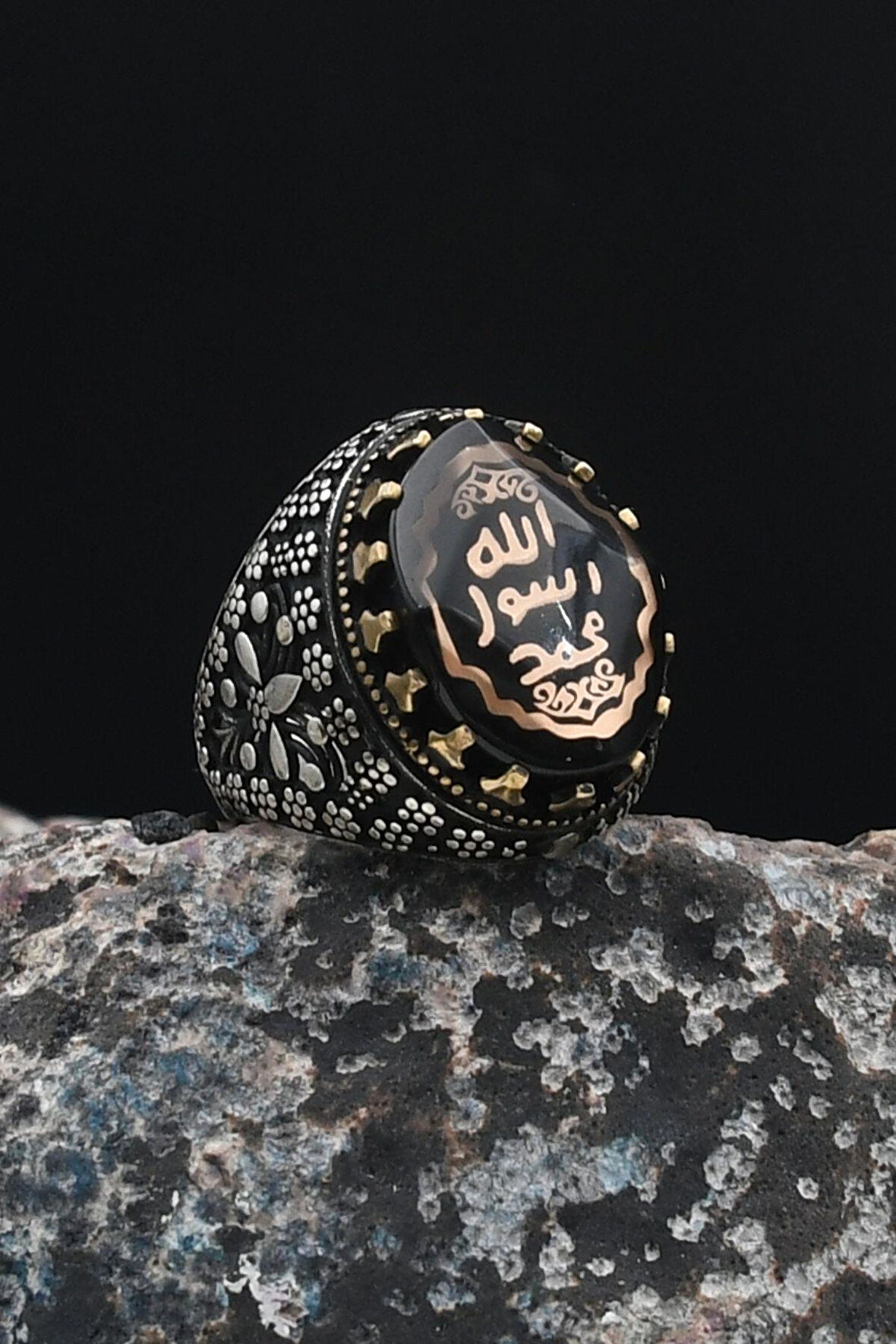 925 Ayar Gümüş Erkek Yüzüğü Mührü Şerif Sıkma Kehribar Taşlı 901256