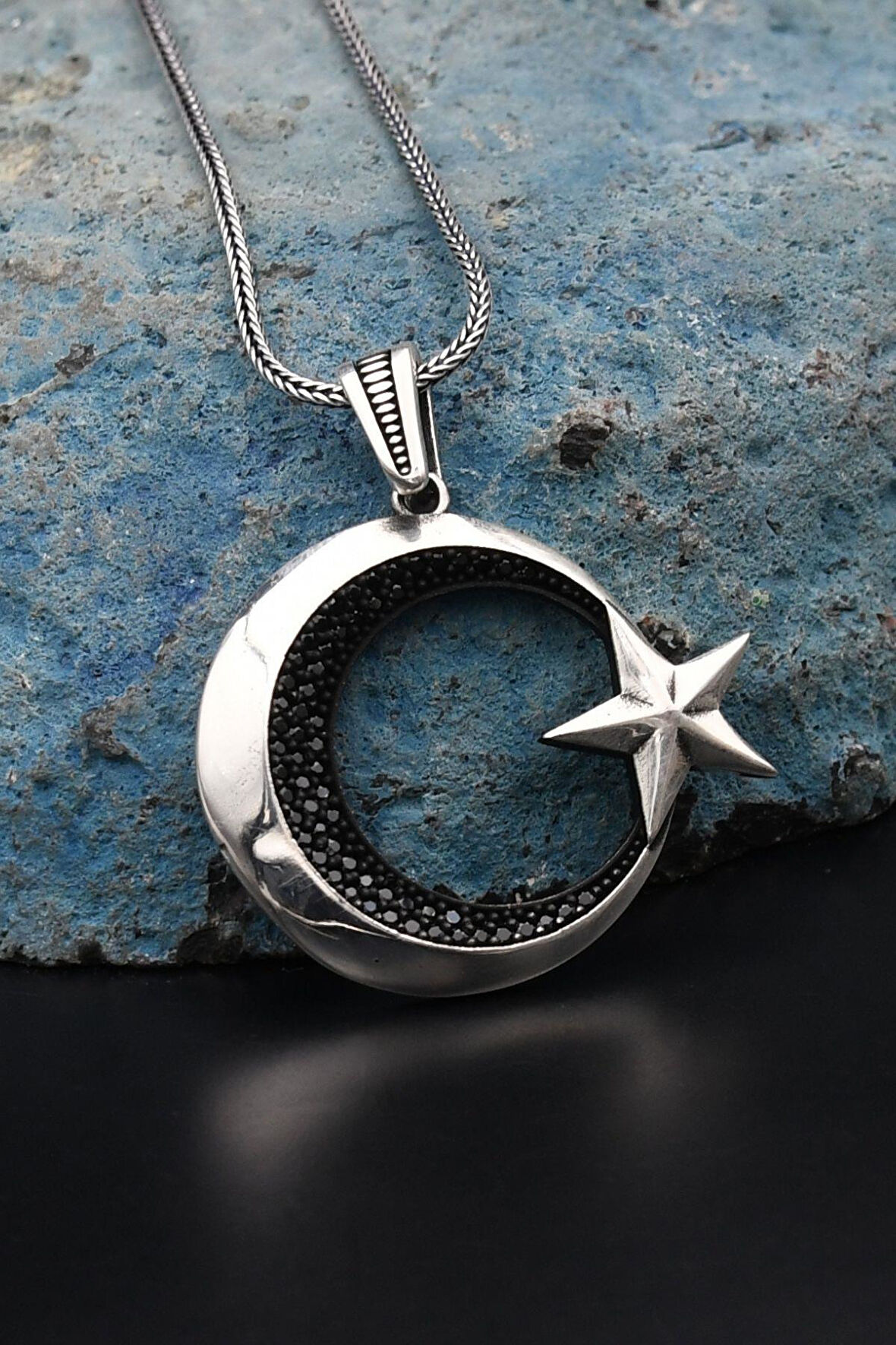 Ay Yıldızlı (AY YILDIZ) 925 Ayar Gümüş Kolye Zincir Siyah Mikro Taş Süslemeli 901262