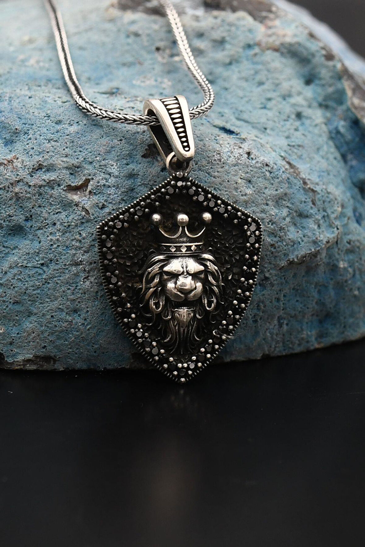 Kral Taçlı Aslan Kafası Figürlü 925 Ayar Erkek Gümüş Kolye Zincir 901282