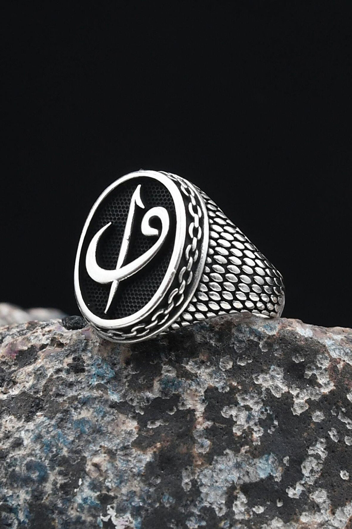 Vav Elif İşlemeli 925 Ayar Gümüş Erkek Yüzüğü 901285