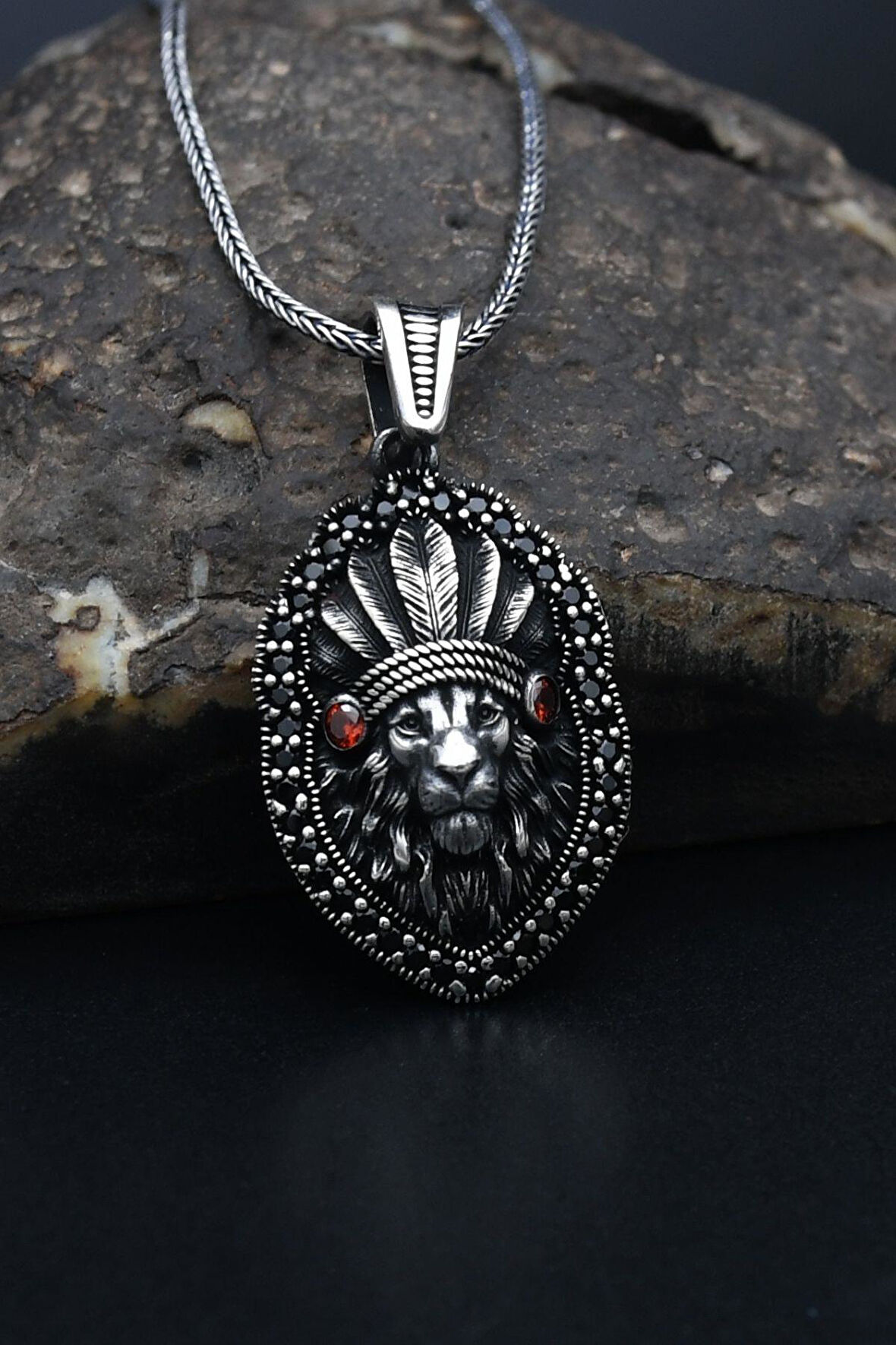 Kızılderili Aslan Figürlü 925 Ayar Erkek Gümüş Kolye Zincir 901306