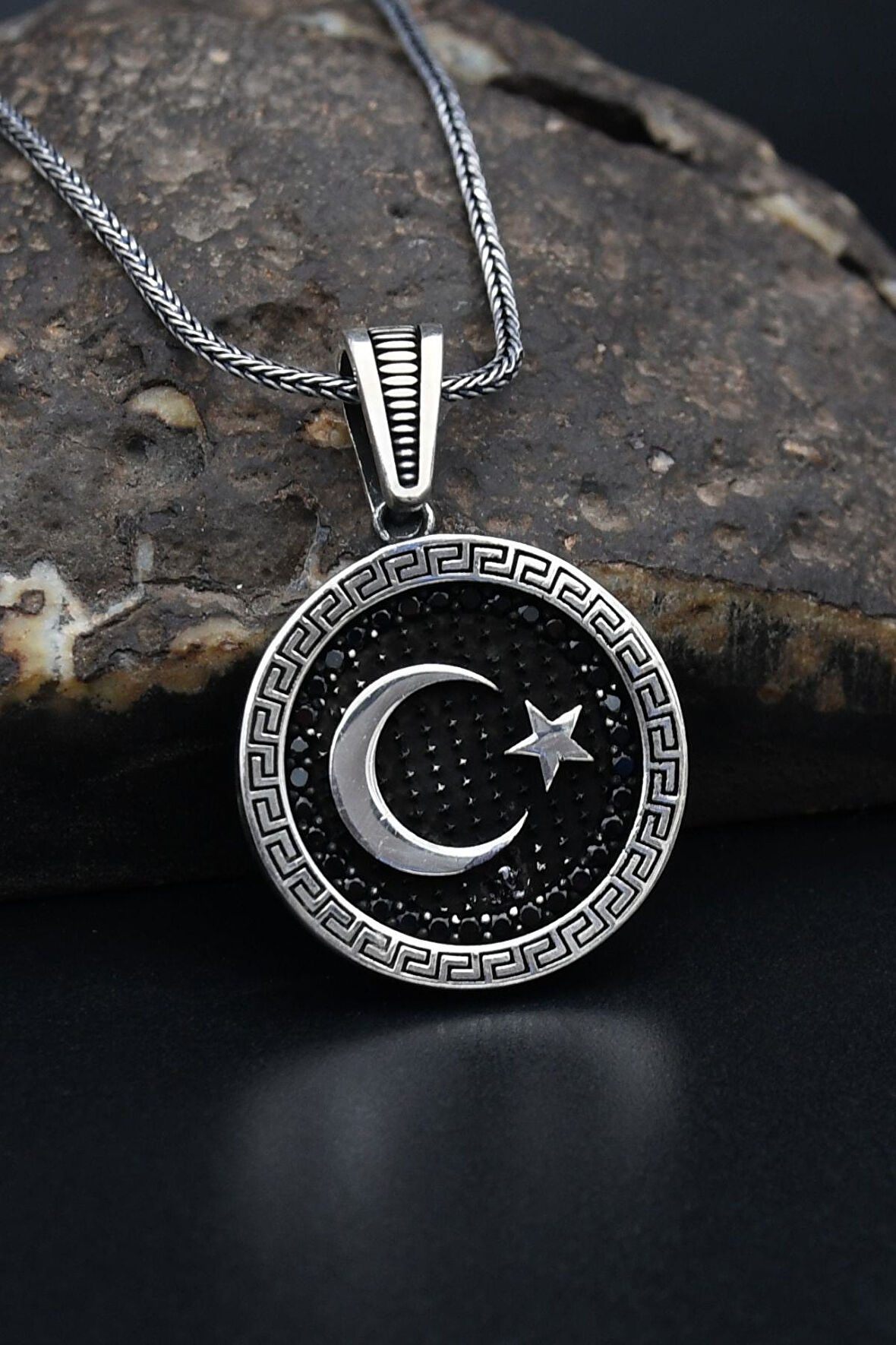 Grek Desenli Ay Yıldızlı (AYYILDIZLI) 925 Ayar Gümüş Kolye Zincir 901310