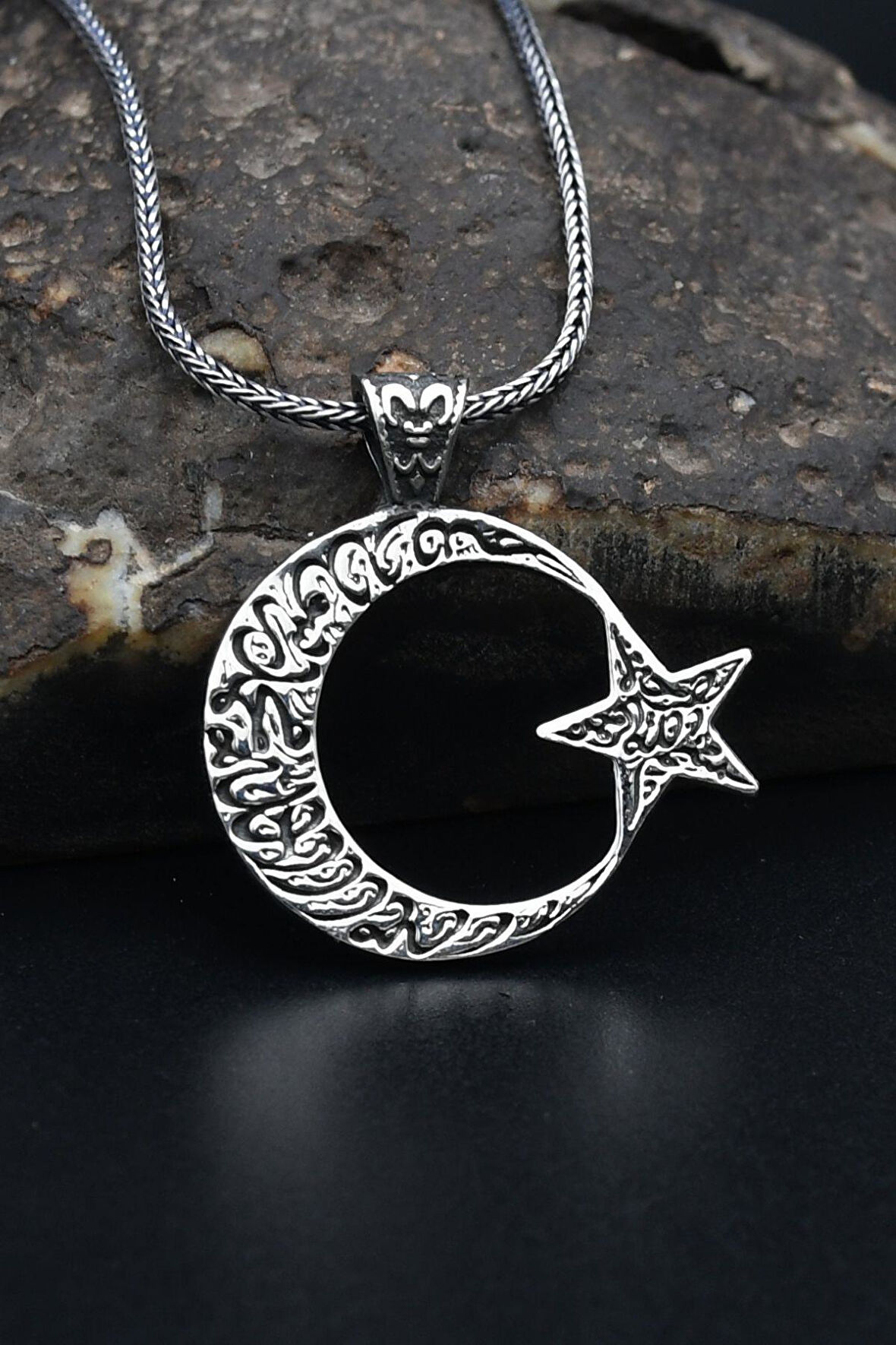 Kelime-i Tevhid ve Bismillah Yazlı Ay Yıldızlı (AYYILDIZLI) 925 Ayar Gümüş Kolye Zincir 901313