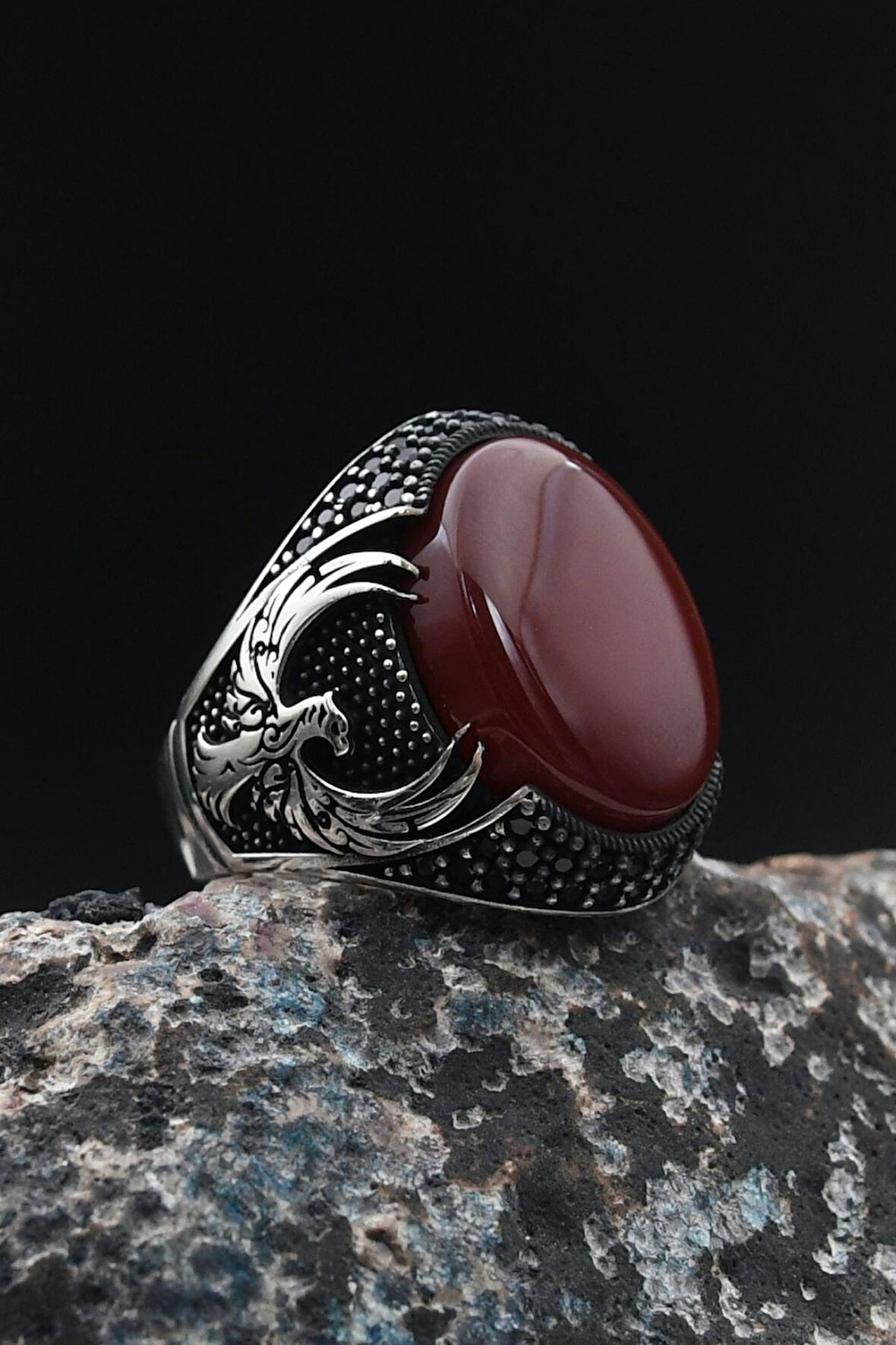 Akik Taşlı Anka Kuşu Figürlü 925 Ayar Gümüş Erkek Yüzüğü 901386