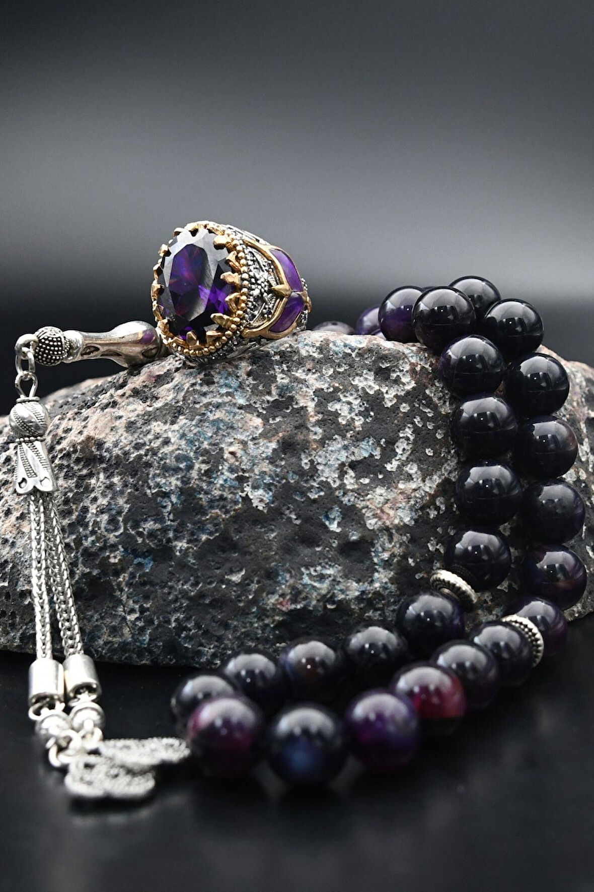 925 Ayar Gümüş Erkek Yüzüğü Ametist Taşlı Ve 33'lük Ametist Taşlı Tesbih 901397