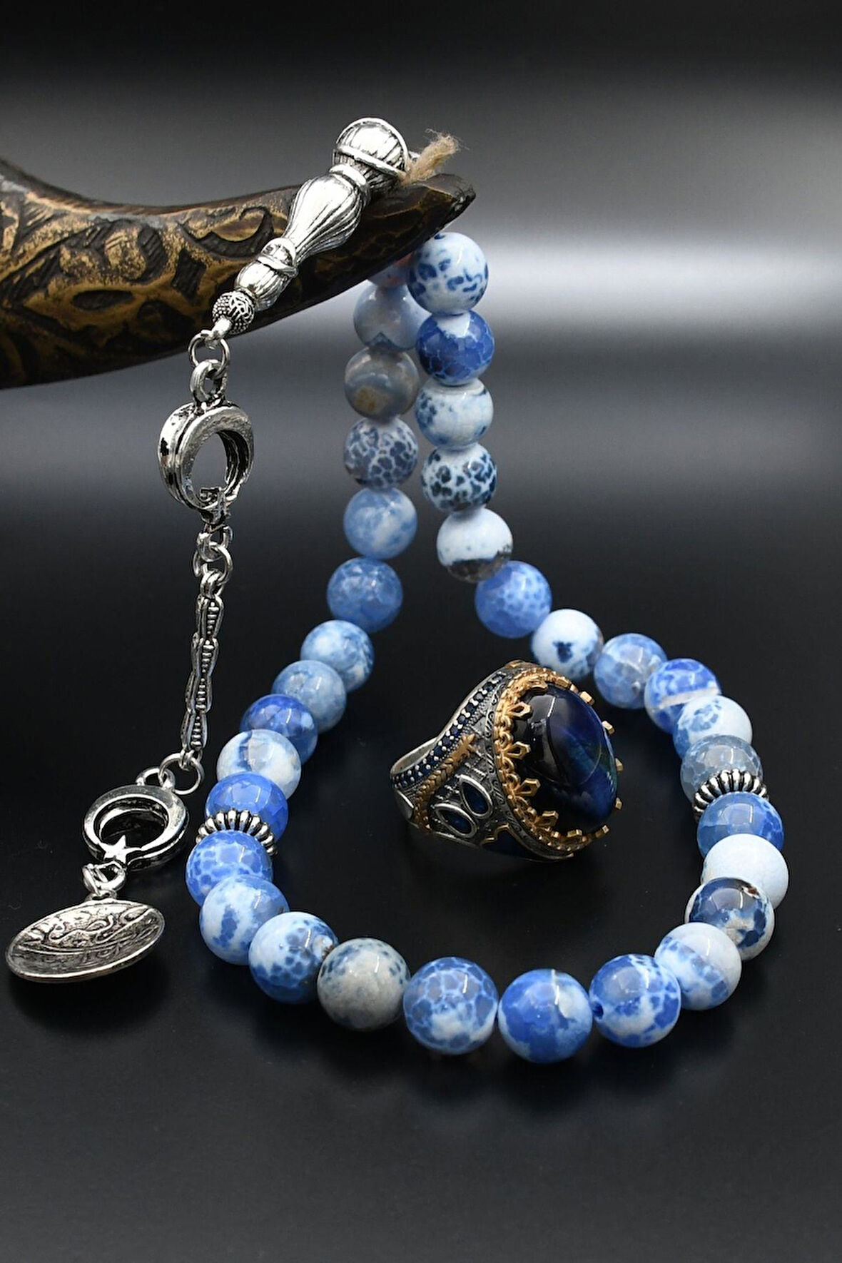 Doğal Damarlı Akik Taşlı Tesbih Ve 925 Ayar Gümüş Erkek Yüzüğü Kaplangözü Taşlı 901405