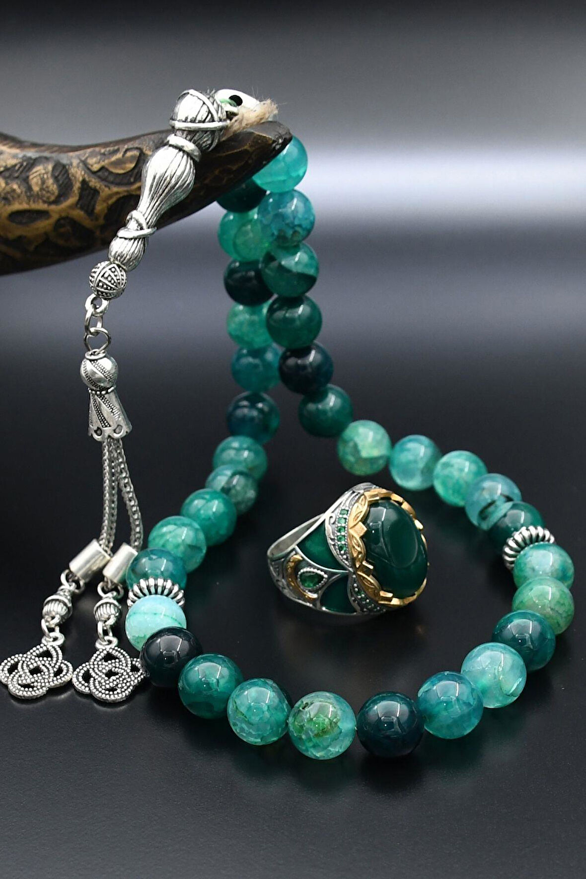 Doğal Damarlı Akik Taşlı Tesbih Ve 925 Ayar Gümüş Erkek Yüzüğü Yeşil Akik Taşlı 901412