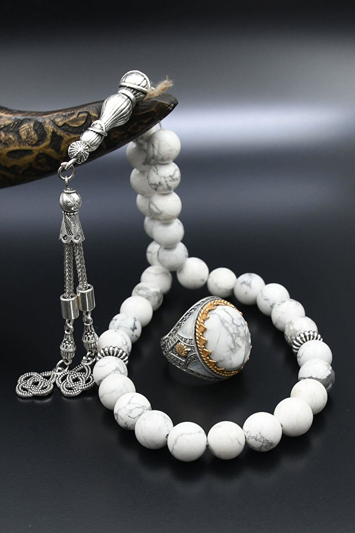 Doğal Havlit Taşlı Tesbih Ve 925 Ayar Gümüş Erkek Yüzüğü Havlit Taşlı 901415