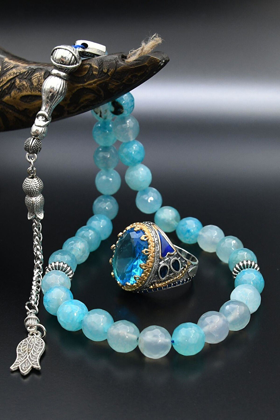 Aquamarine (AQUA MARİN) Taşlı Tesbih Ve 925 Ayar Gümüş Erkek Yüzüğü Aquamarine (AQUA MARİN) Taşlı 901421
