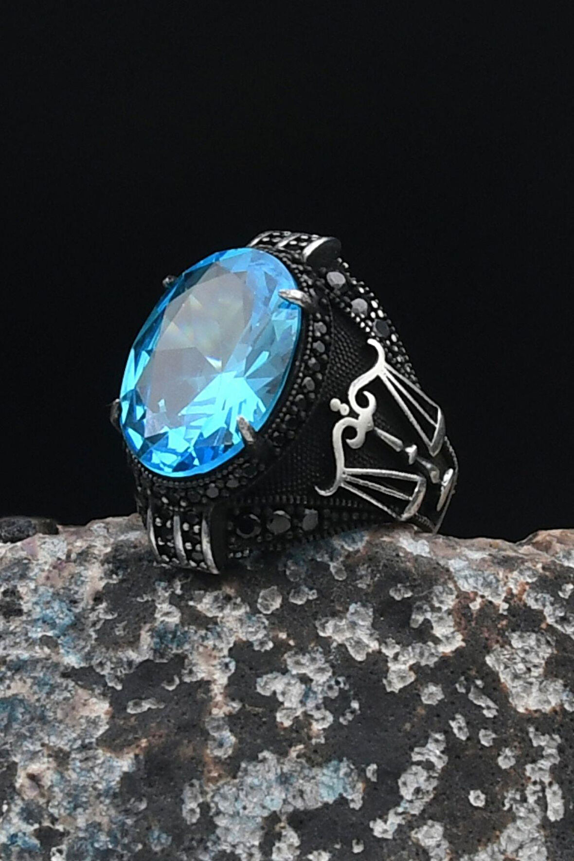 Terazi Figürlü ( AQUA MARİN ) Akua Marine Taşlı 925 Ayar Gümüş Erkek Yüzüğü 901482