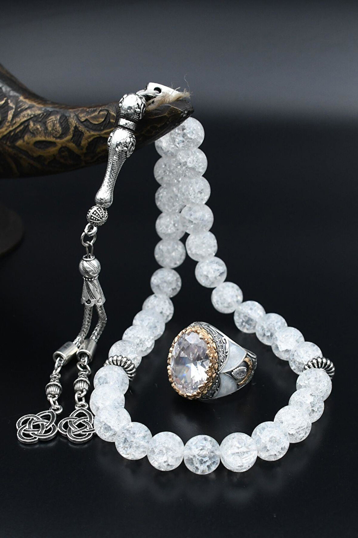 Beyaz Zirkon Taşlı Tesbih Ve 925 Ayar Gümüş Erkek Yüzüğü Beyaz Zirkon Taşlı 901512