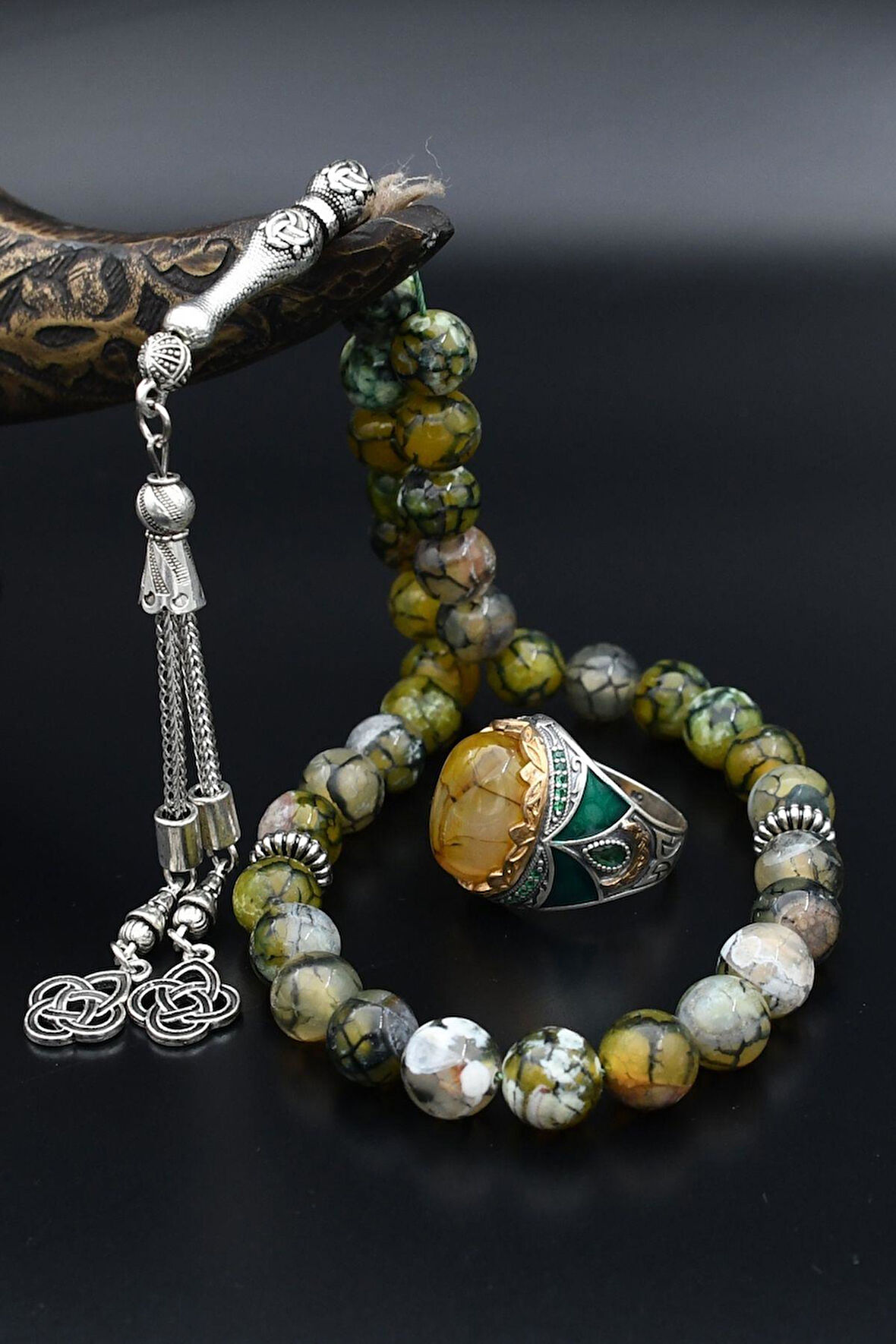 925 Ayar Gümüş Erkek Yüzüğü Damarlı Akik Taşlı Doğal Damarlı Akik Taşlı Tesbih 901513