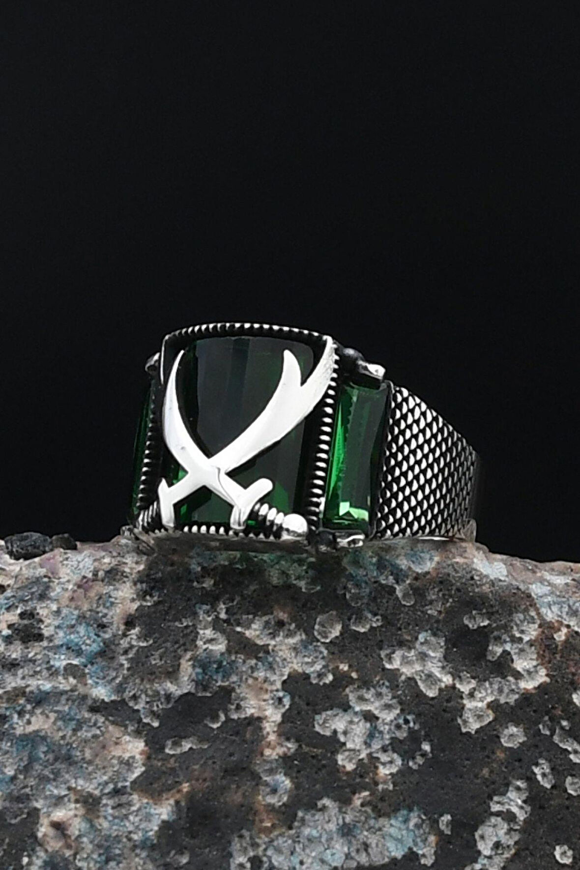 Zülfikar Hz. Ali'nin Kılıcı 925 Ayar Gümüş Erkek Yüzüğü Yeşil Zirkon Taşlı 901537