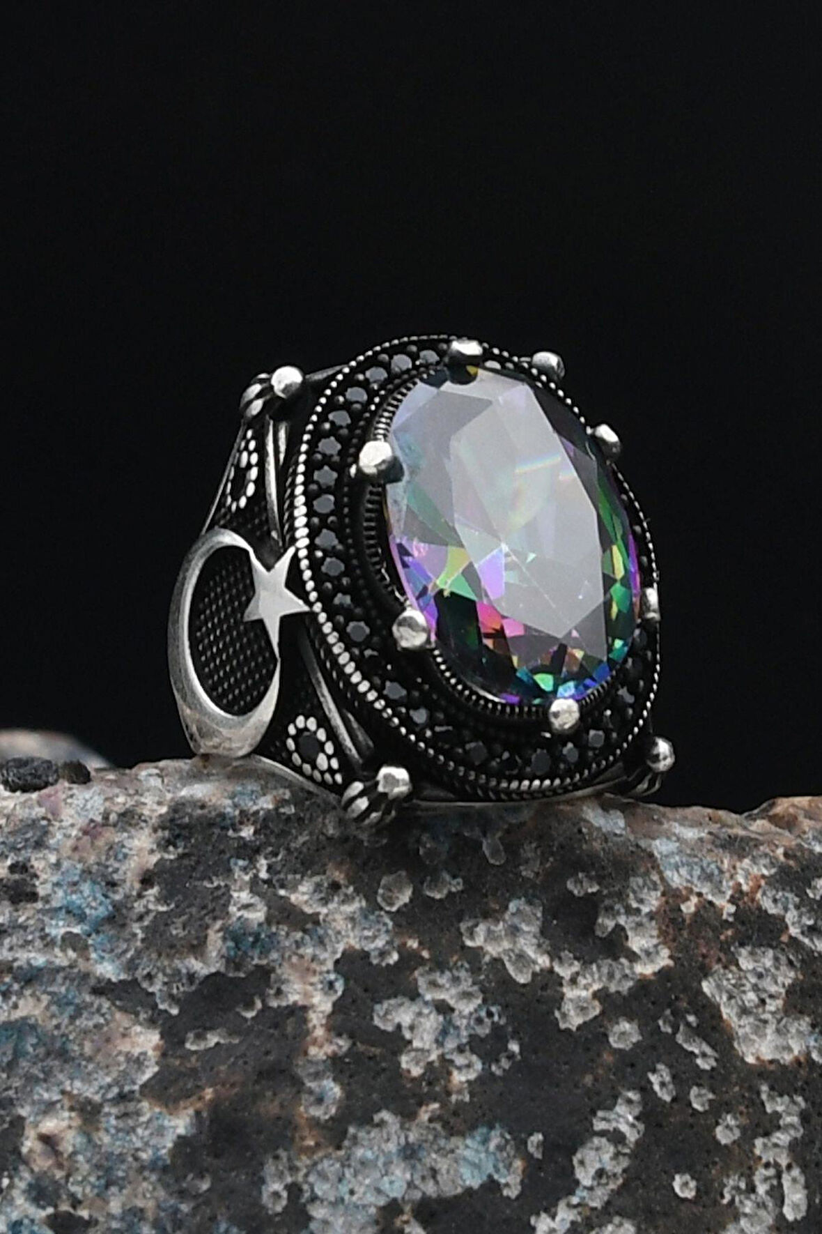 Ay Yıldız Figürlü Ay Yıldızlı (AY YILDIZ) 925 Ayar Gümüş Erkek Yüzüğü Mistik Topaz Taşlı 901538