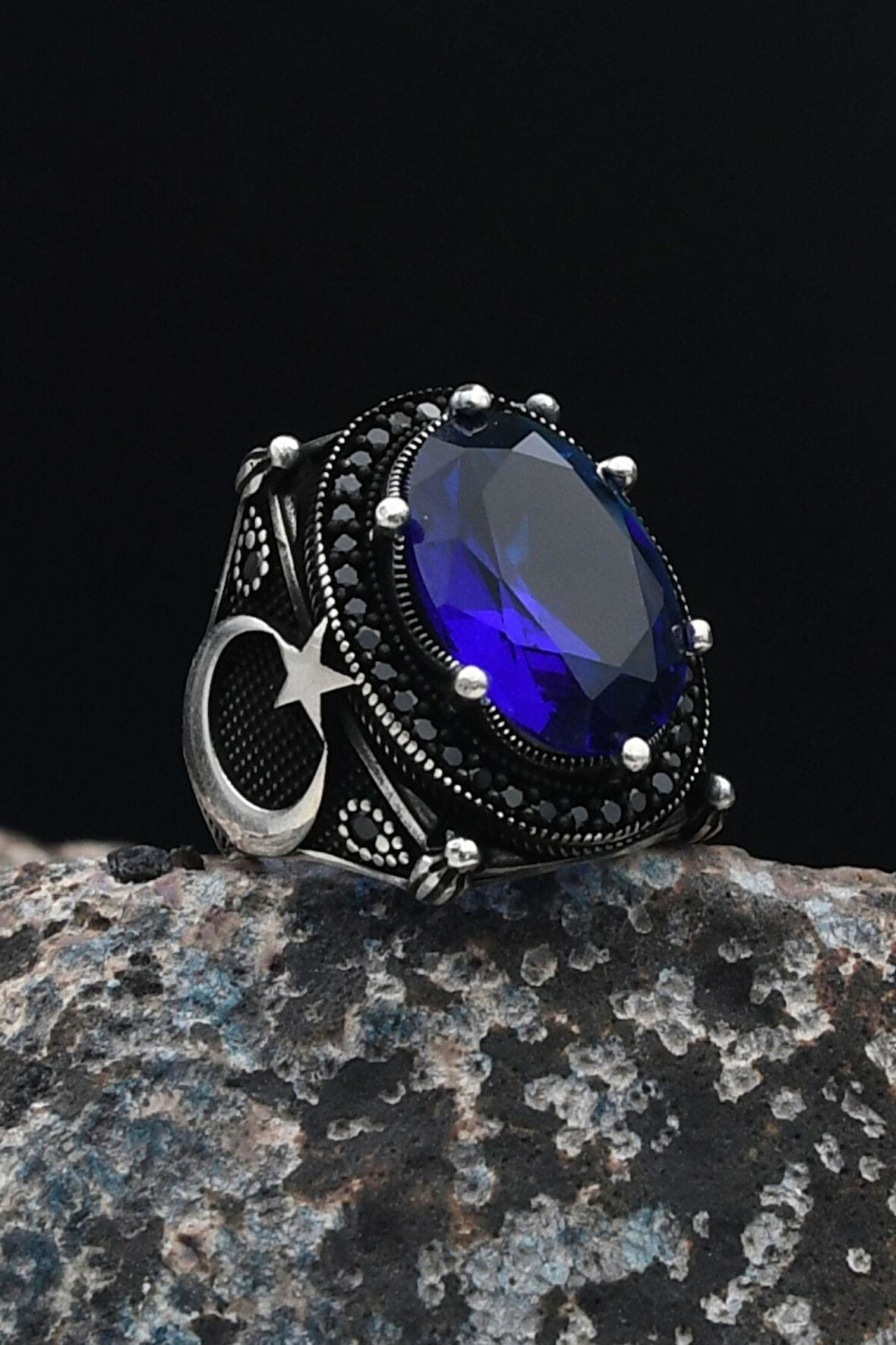 Ay Yıldız Figürlü Ay Yıldızlı (AY YILDIZ) 925 Ayar Gümüş Erkek Yüzüğü Lacivert Zirkon Taşlı 901548