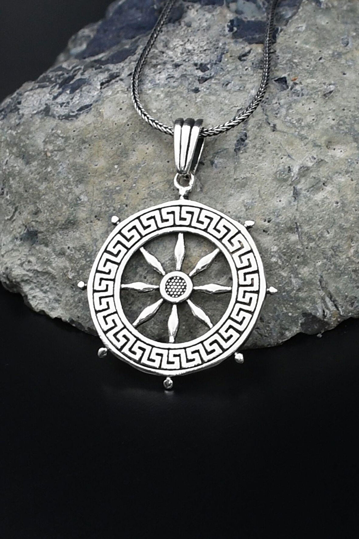 Denizci Gemi Dümeni Grek Desenli 925 Ayar Gümüş Kolye Zincir 901567