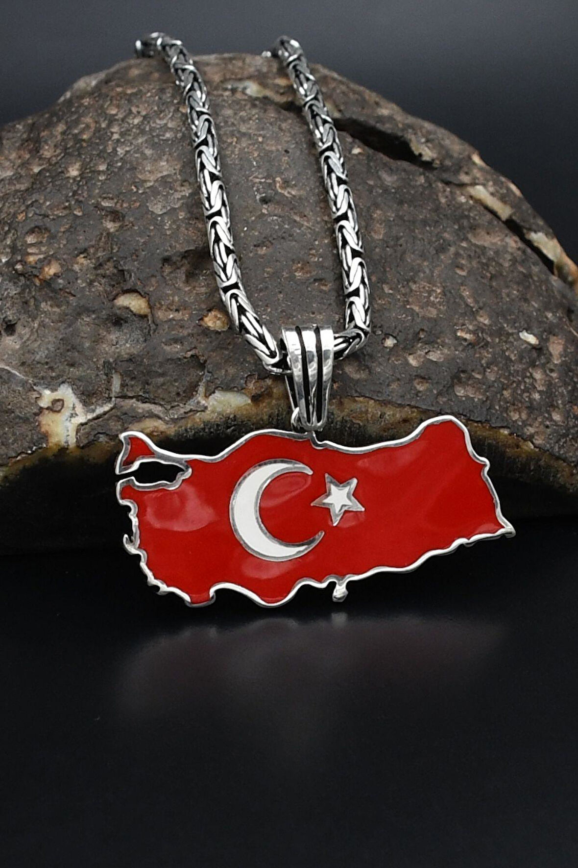 Türk Bayrağı ( Ay Yıldızlı ) Mineli 925 Ayar Gümüş Kolye Kral Zincir 2Mm 901580