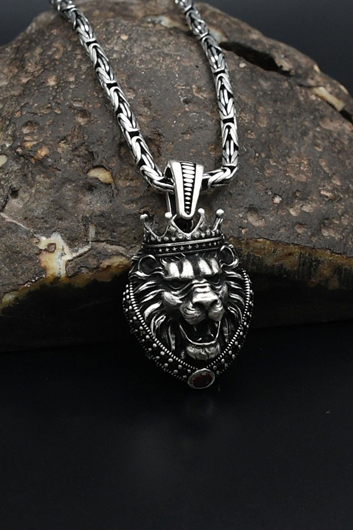 Kral Taclı Aslan Figürlü 925 Ayar Erkek Gümüş Kolye Kral Zincir 2Mm 901584