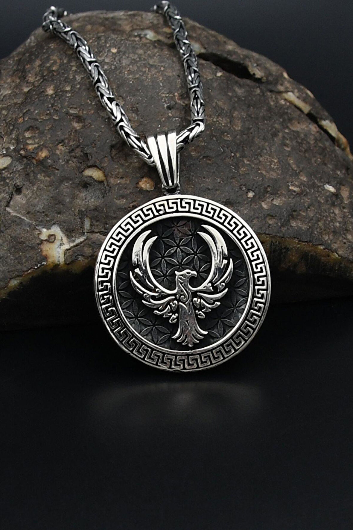 Anka kuşu Figürlü Grek Desenli 925 Ayar Gümüş Kolye Kral Zincir 2Mm 901594