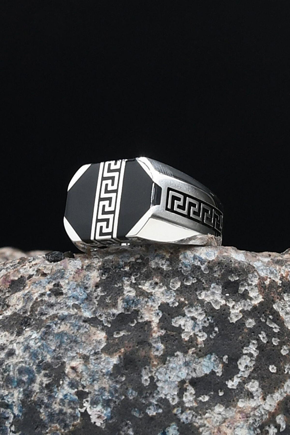 Grek Desenli Mineli 925 Ayar Gümüş Erkek Yüzüğü 901620