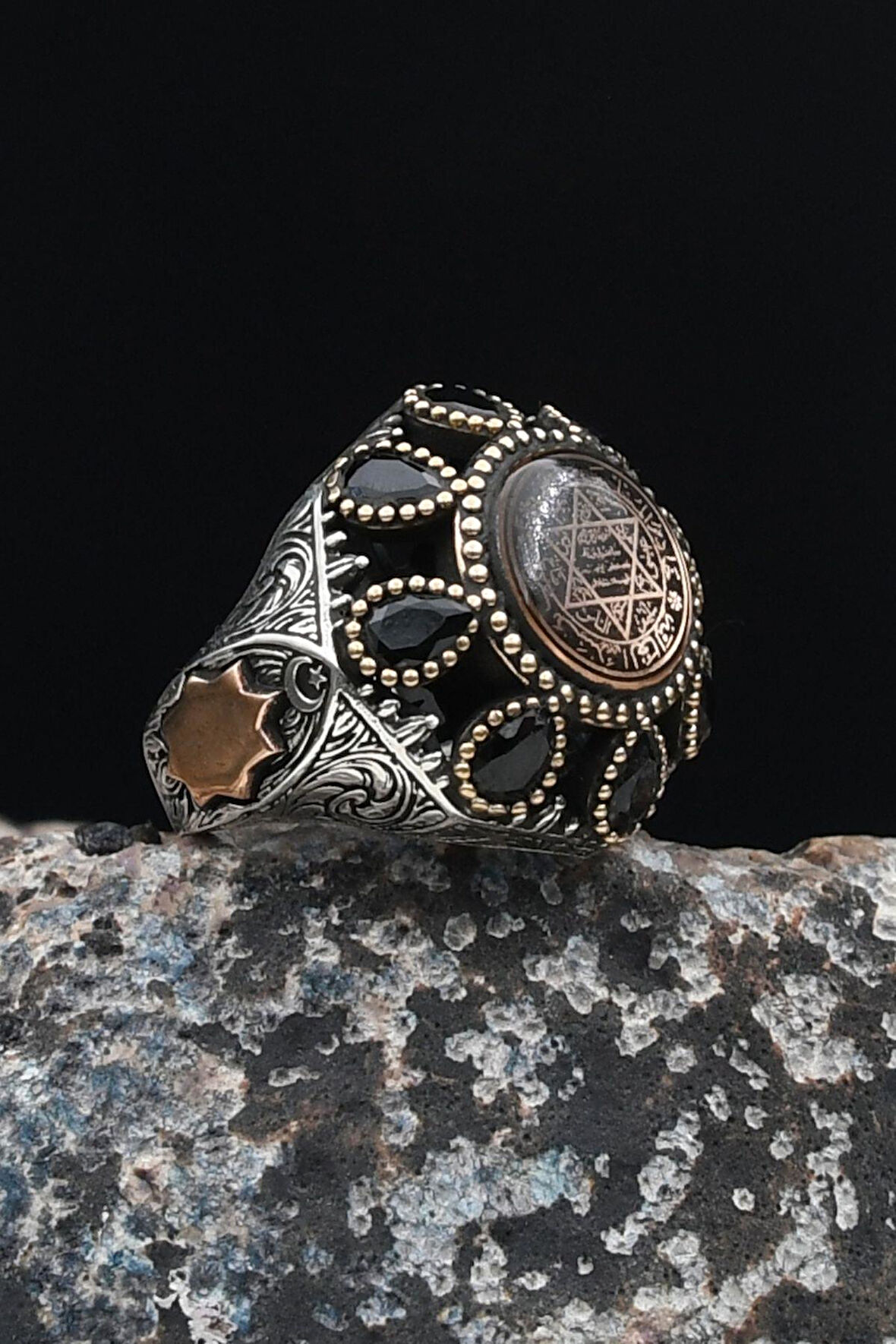 Hz. Süleyman Mührü Mineli 925 Ayar Gümüş Erkek Yüzüğü 901630