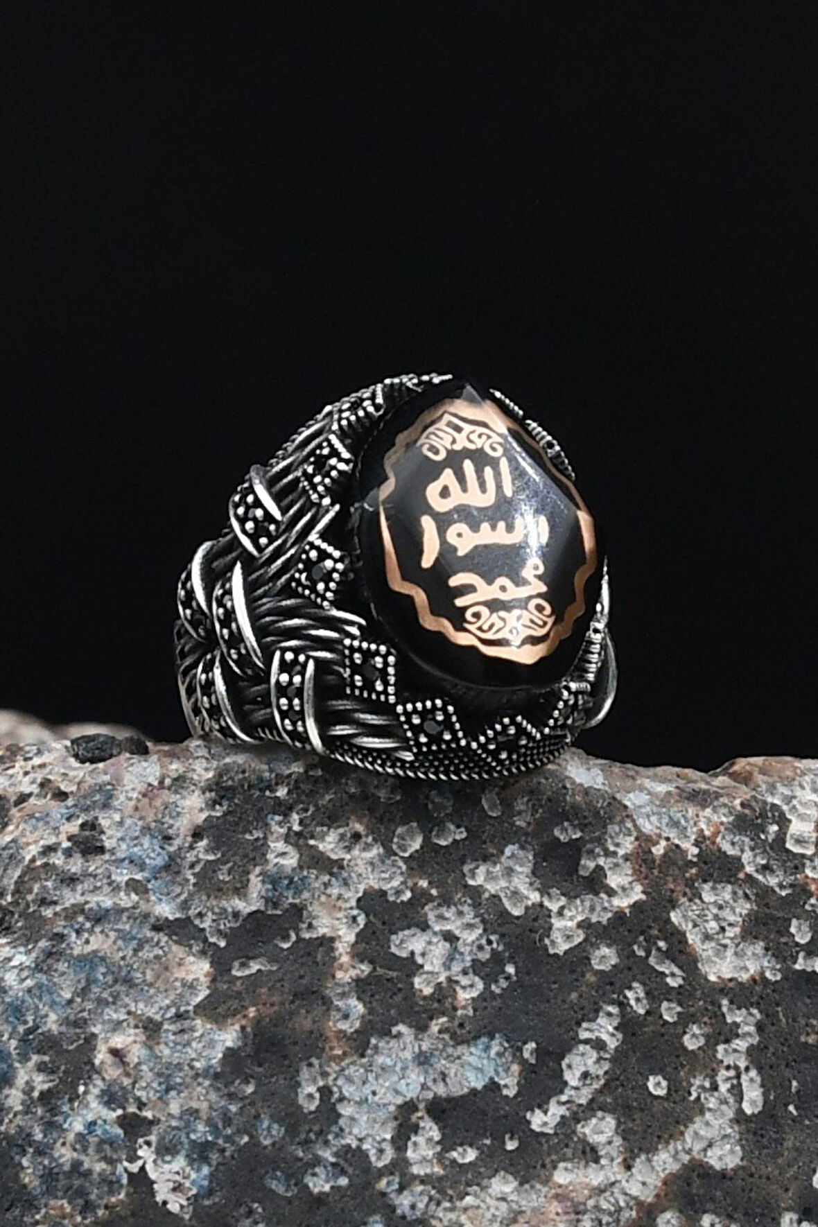 Mührü Şerif 925 Ayar Gümüş Erkek Yüzüğü Sıkma Kehribar Taşlı 901638