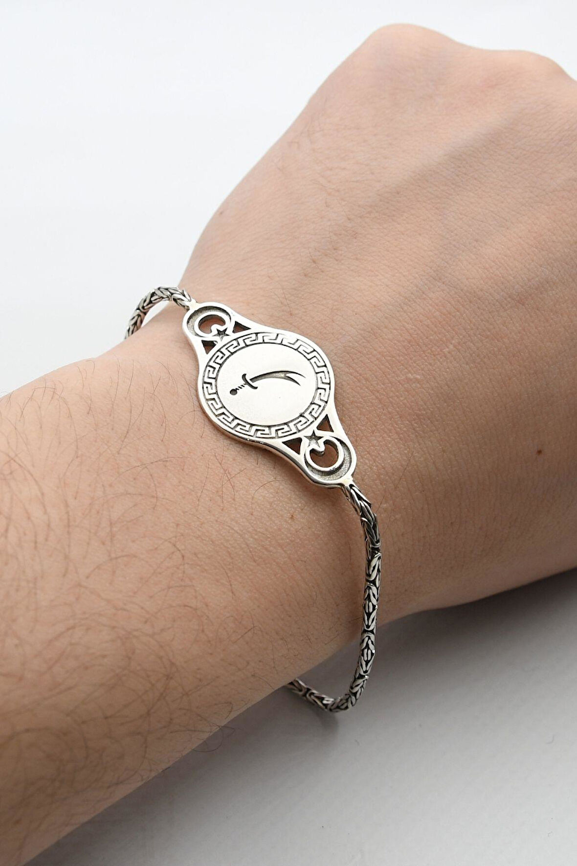 Zülfikar Hz. Ali'nin Kılıcı ve Ay Yıldızlı (AYYILDIZLI)  2mm Kral Zincir 925 Ayar Gümüş Bileklik 901703