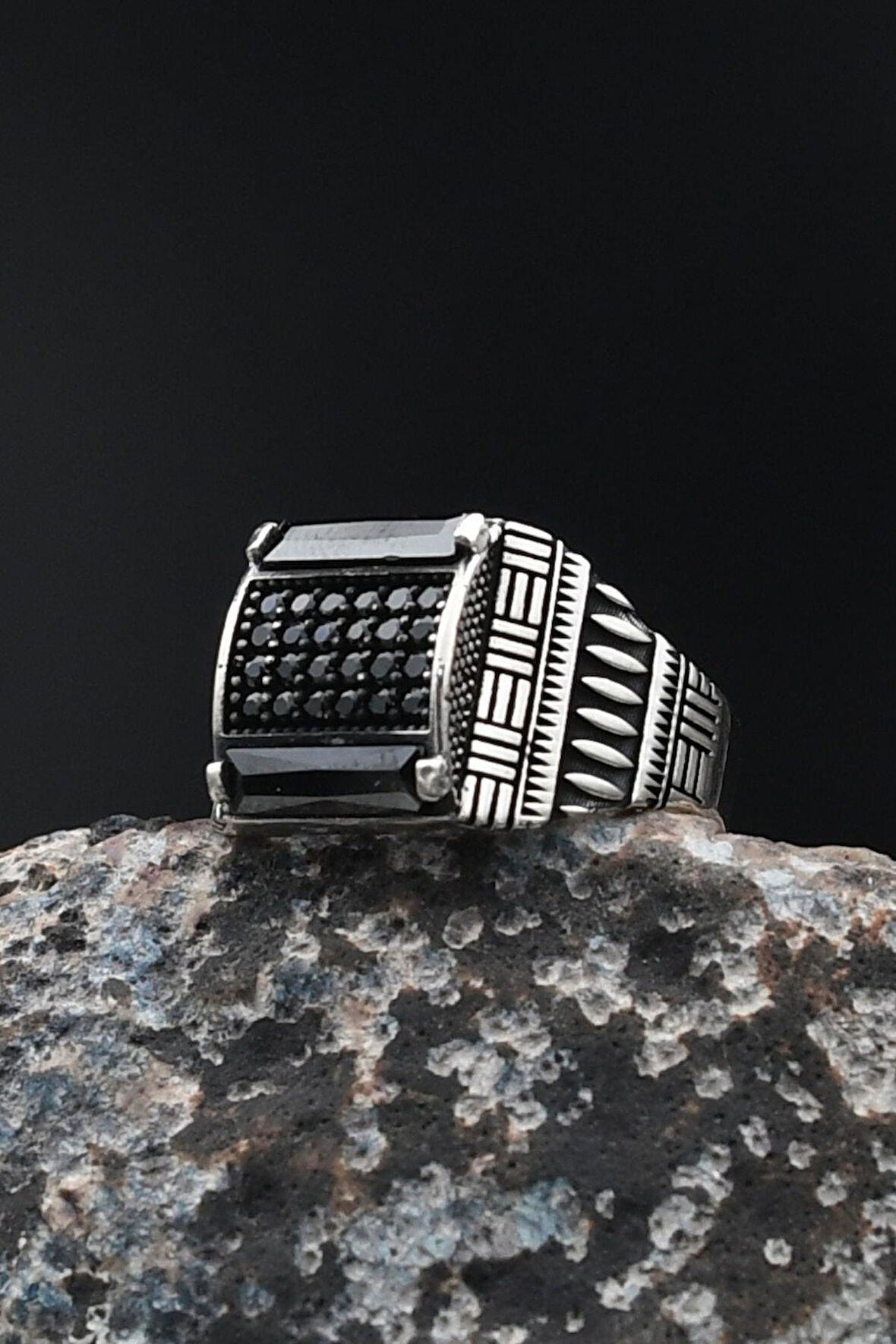 Kare Siyah Baget Taşlı 925 Ayar Gümüş Erkek Yüzüğü 901717