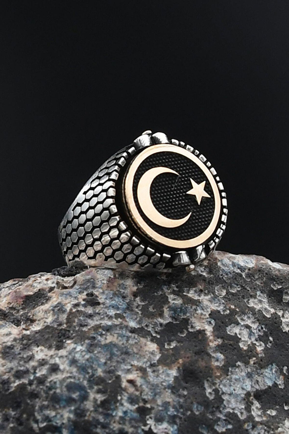 Çift Tarafli Oniks Taşlı ve Ay Yıldızlı (AYYILDIZLI) 925 Ayar Gümüş Erkek Yüzüğü 901726