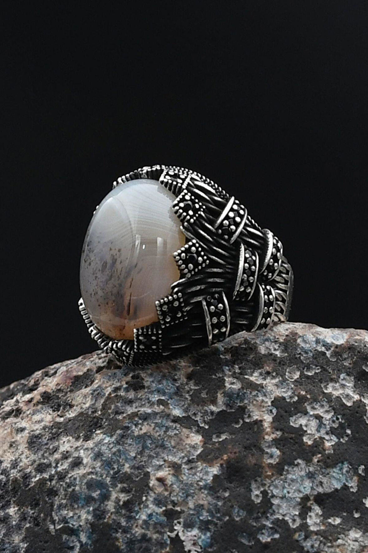 Yemen Akik Taşlı Mikro Taş Süslemeli 925 Ayar Gümüş Erkek Yüzüğü 901749