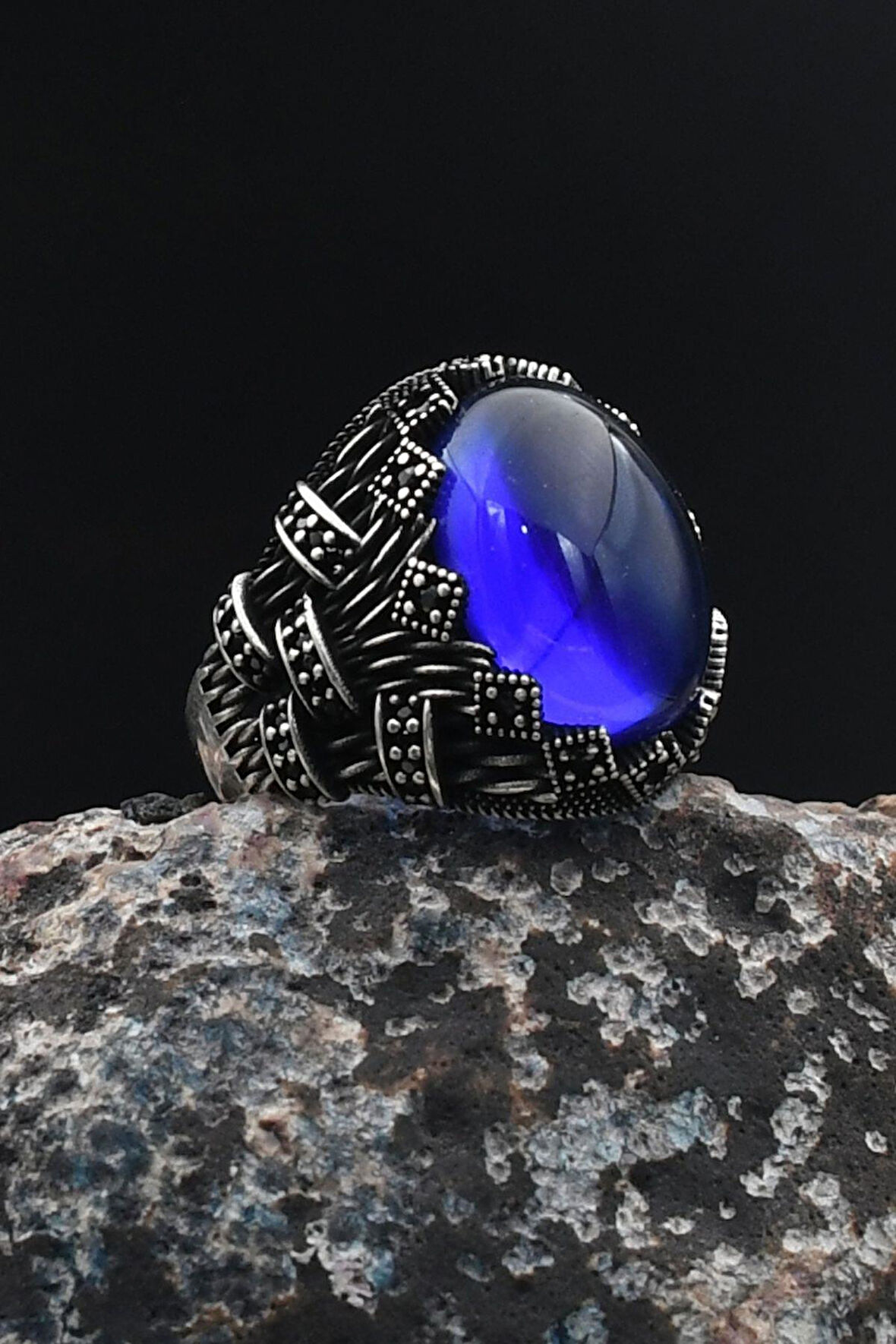 Erkek Yüzüğü Lacivert Zirkon Taşlı Zirkon Taş Süslemeli 925 Ayar Gümüş 901752