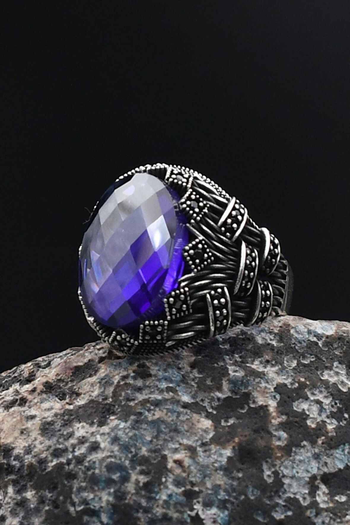 Erkek Yüzüğü Ametist Taşlı 925 Ayar Gümüş  Zirkon Taş Süslemeli 901753