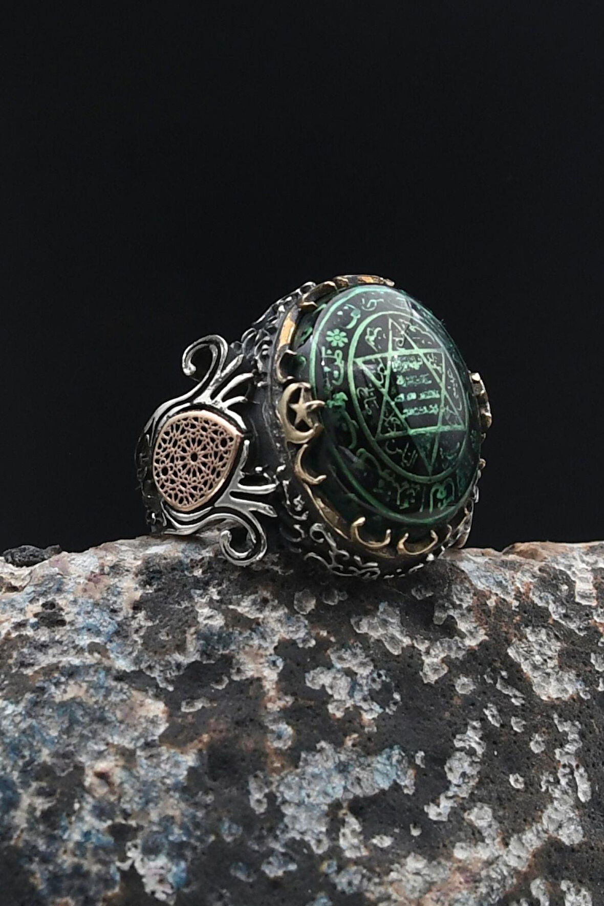 Özel Tasarım 925 Ayar Gümüş Erkek Yüzüğü Hz. Süleyman Mührü Sıkma Kehribar Taşlı 901778