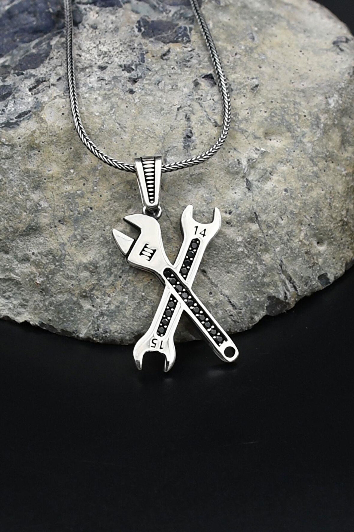 Çatal ve Ingiliz Anahtarı Tasarımlı 925 Ayar Gümüş Kolye Zincir 901796