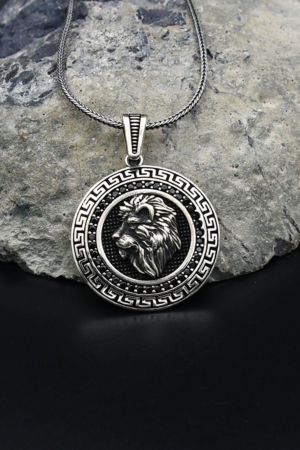Grek Desenli Aslan Figürlü 925 Ayar Gümüş Kolye Zincir 901803