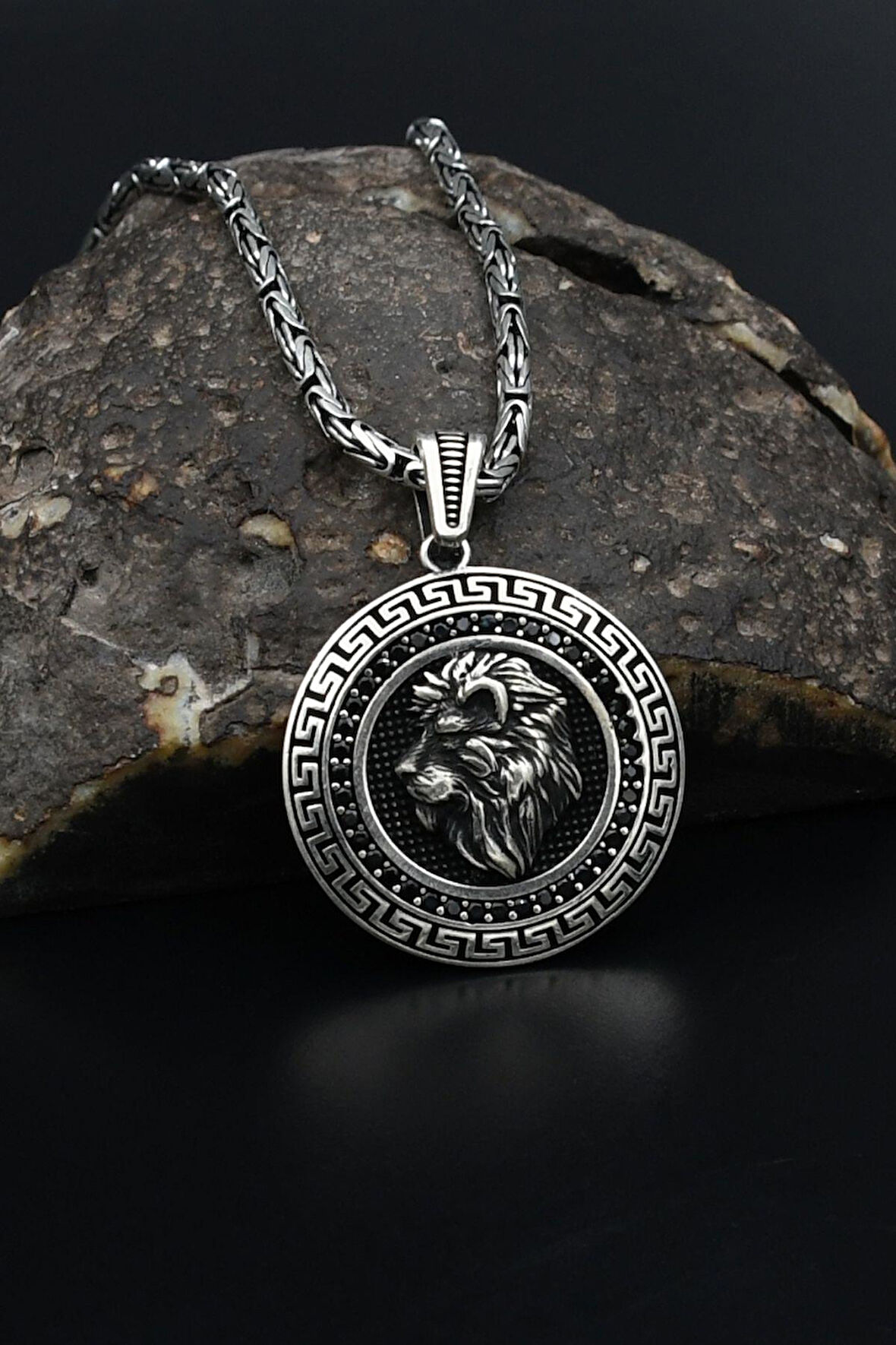 Grek Desenli Aslan Figürlü Gümüş Kolye Kral Zincir 2Mm 901839