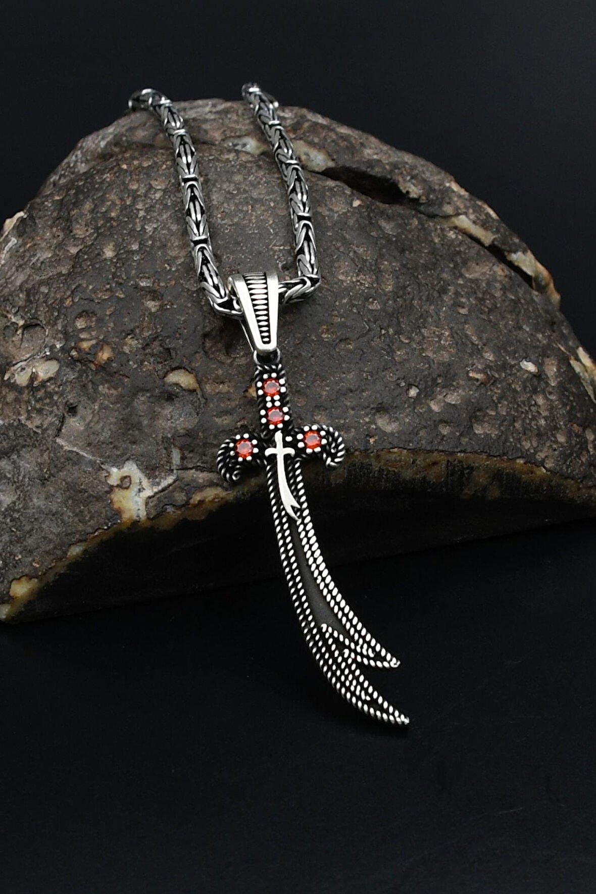 Hz. Ali Zülfikar Kılıcı Kırmızı Zirkon Taş Süslemeli Gümüş Kolye Kral Zincir 2Mm 901840