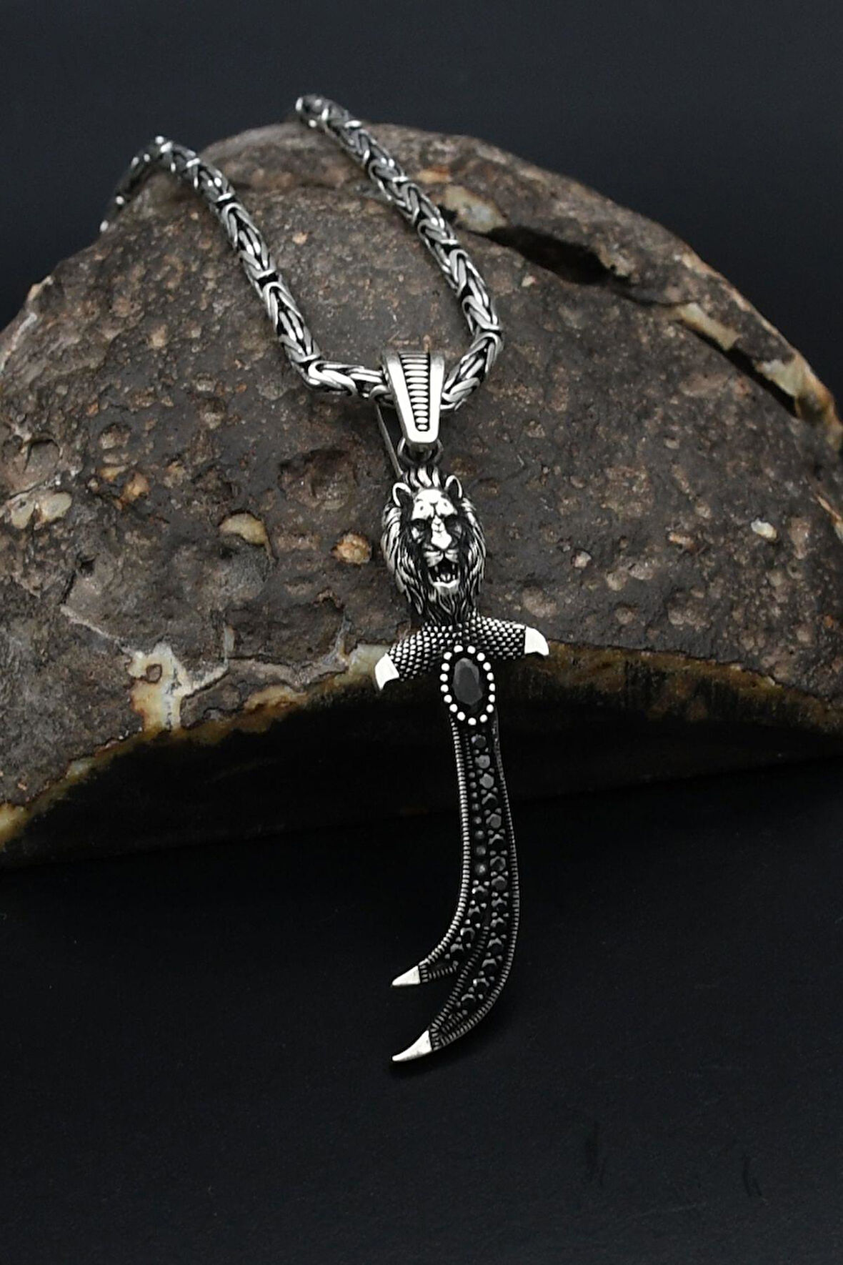 Aslan Figürlü ve Hz. Ali Zülfikar Kılıcı Gümüş Kolye Kral Zincir 2Mm 901843