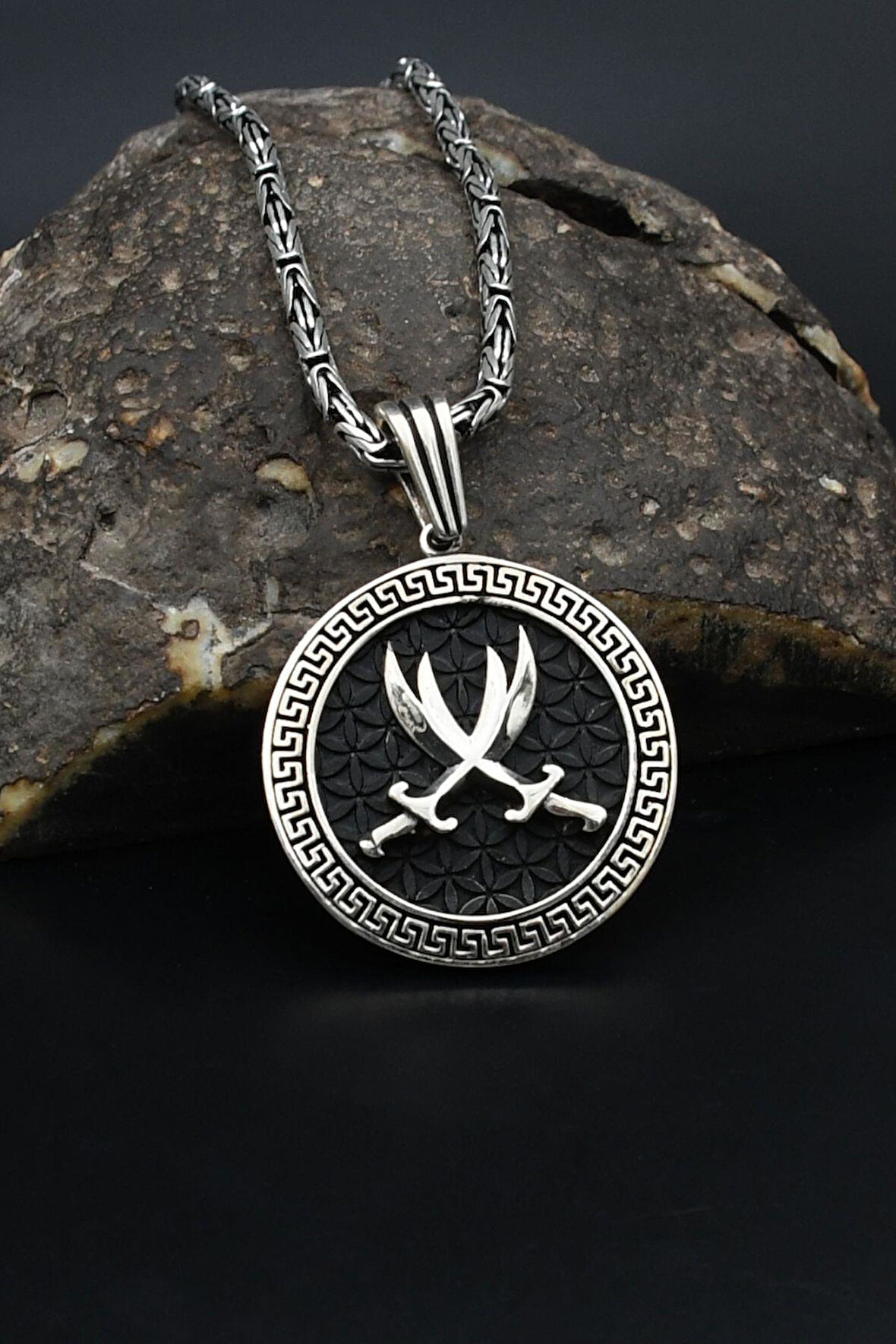 Grek Desenli Hz. Ali Zülfikar Kılıcı 925 Ayar Gümüş Kolye Kral Zincir 2Mm 901853