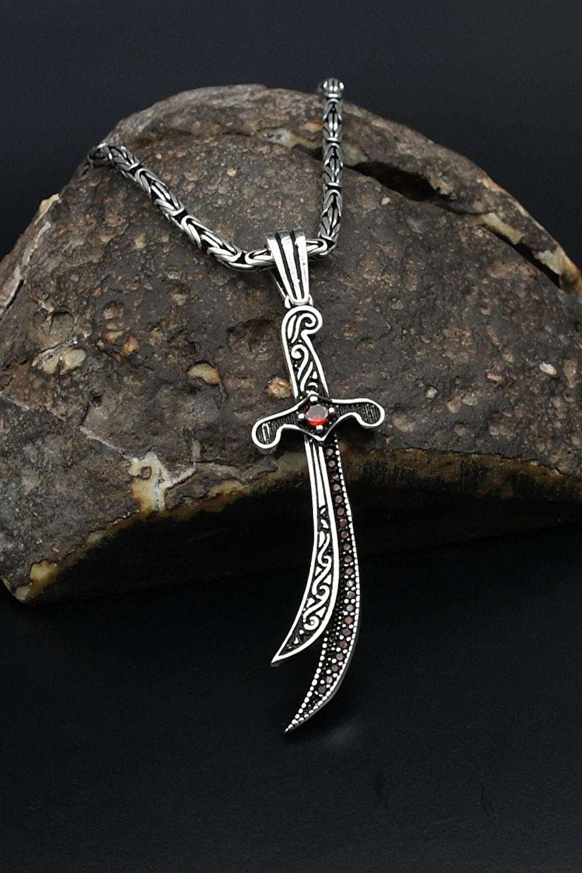 Kırmızı Zirkon Taşlı Hz. Ali Zülfikar Kılıcı 925 Ayar Gümüş Kolye Kral Zincir 2Mm 901854