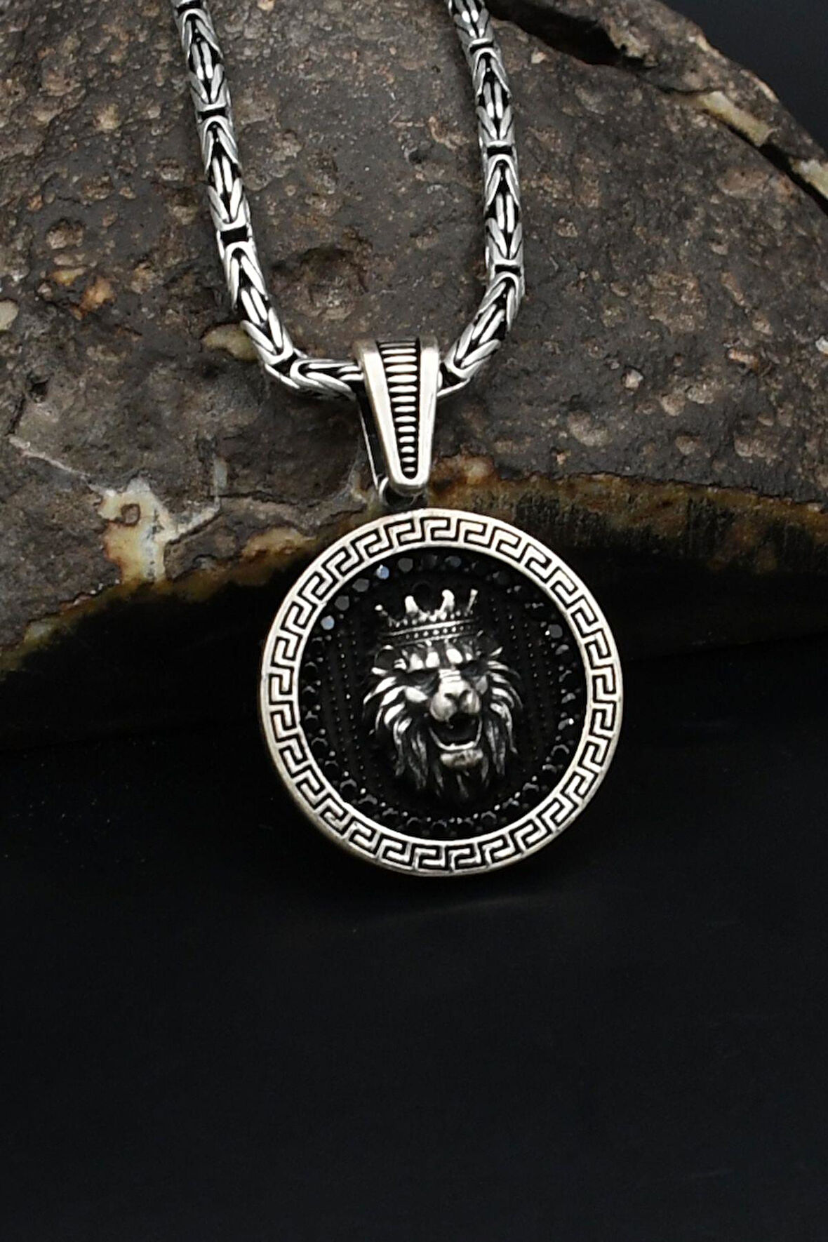 Grek Desenli Kral Taclı Aslan Figürlü 925 Ayar Gümüş Kolye Kral Zincir 2Mm 901862