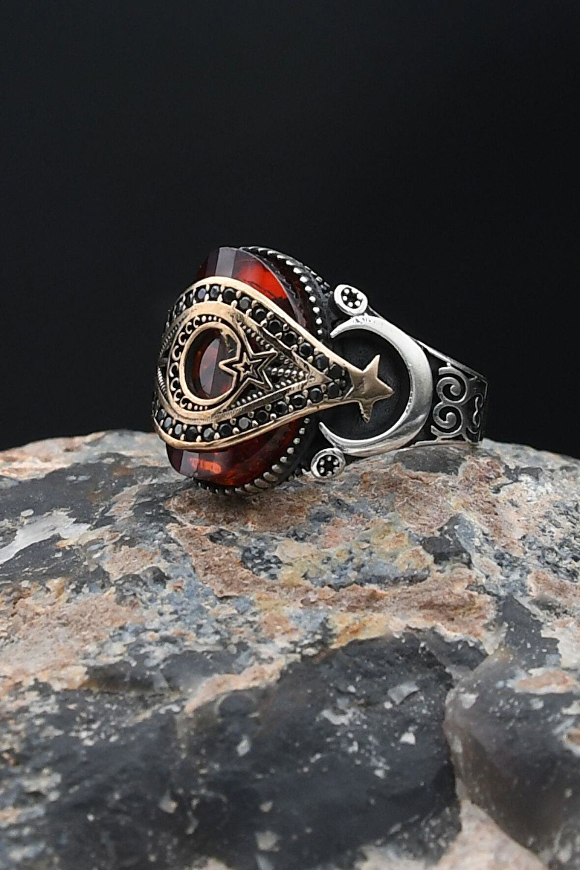 925 Ayar Gümüş Erkek Yüzük Ay Yıldızlı (AYYILDIZLI) Kırmızı Zirkon Taşlı 901877