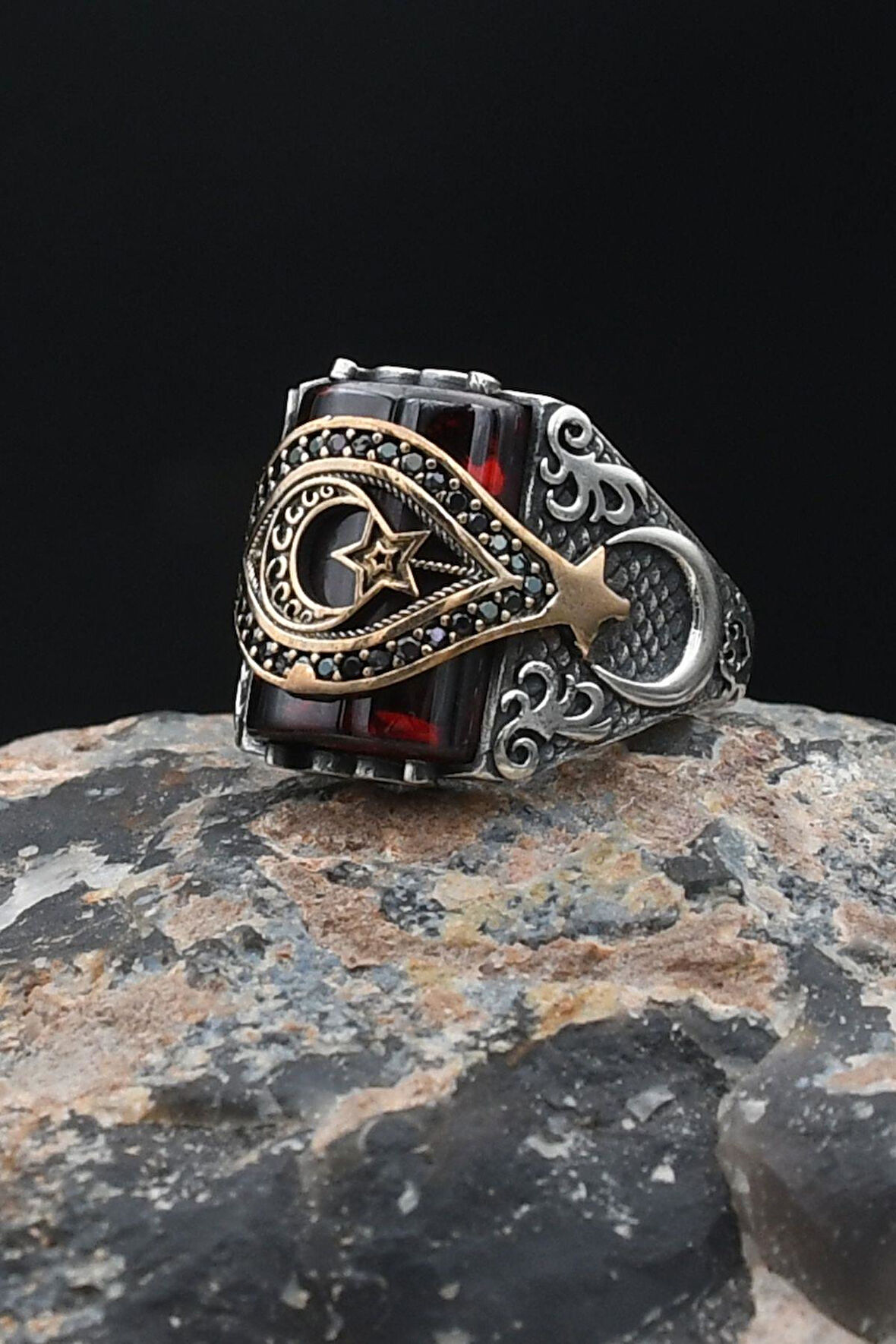 925 Ayar Gümüş Kırmızı Zirkon Taşlı Ay Yıldızlı (AYYILDIZLI) Erkek Yüzük 901881