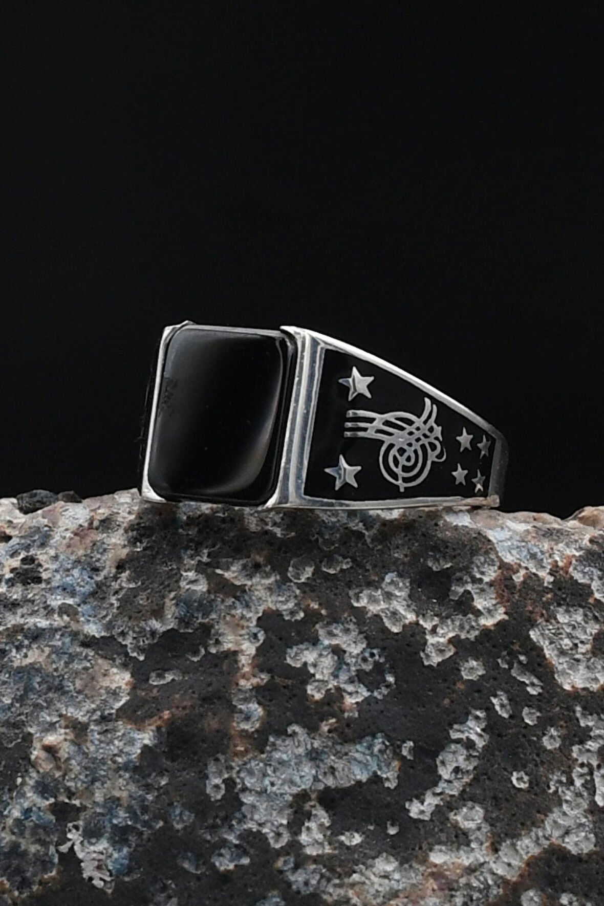 Osmanlı Tuğralı Oniks Taşlı 925 Ayar Gümüş Yüzük 901916