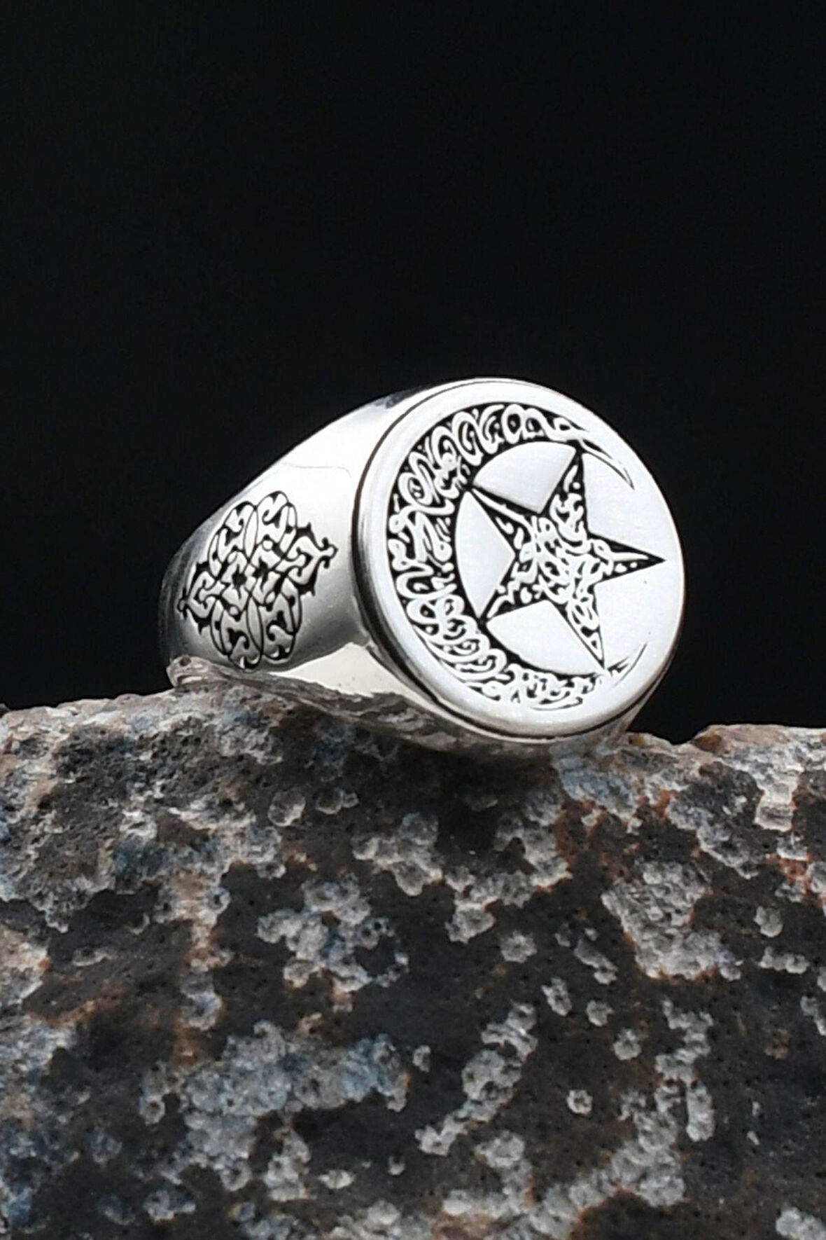 Bismillah ve Kelime-i Tevhid Yazlı Ay Yıldızlı (AYYILDIZLI) 925 Ayar Gümüş Erkek Yüzük 901925