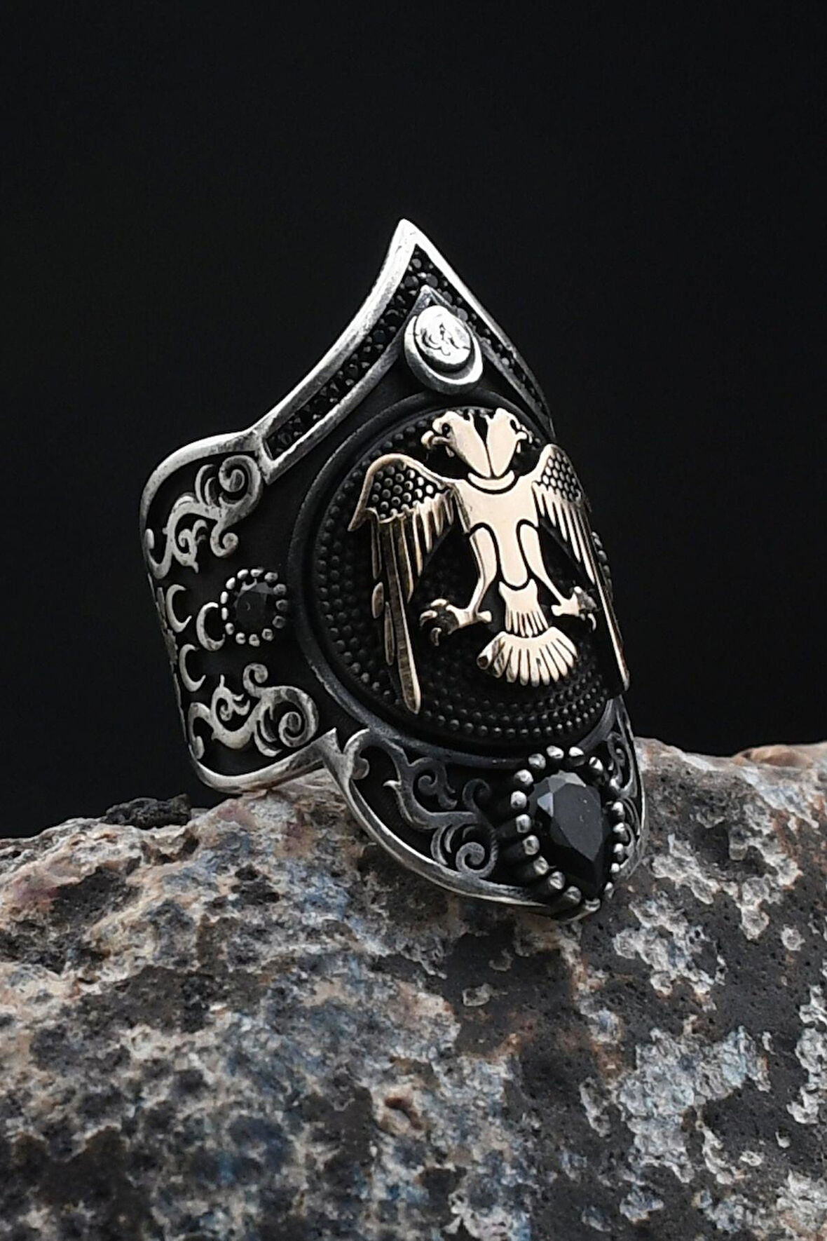 Çift Başlı Kartal - SELÇUKLU KARTALI Figürlü Ayarlanabilir Zihgir 925 Ayar Gümüş Erkek Yüzük 901935